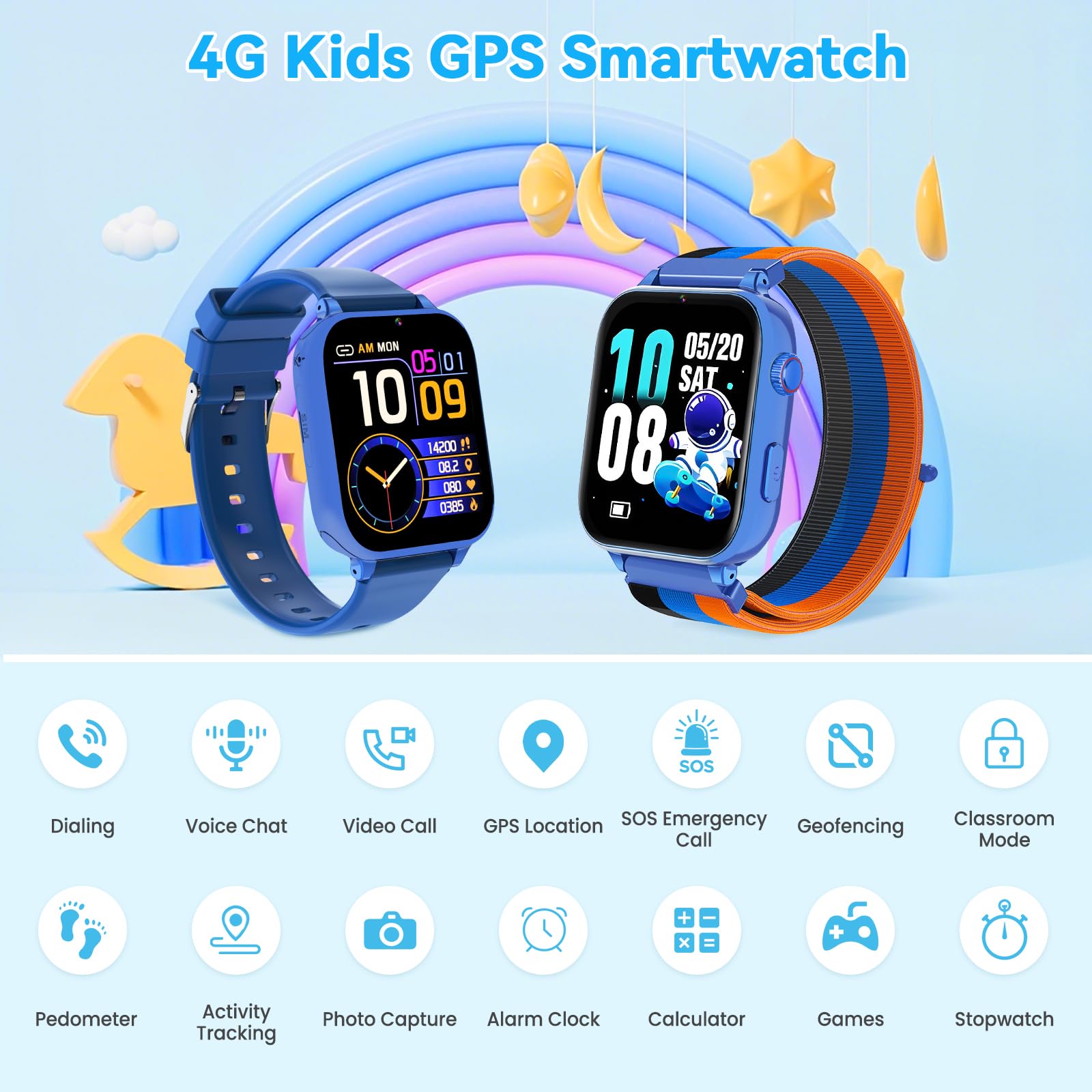 Berilona 4G Montre Connectée Enfant, GPS Smartwatch Téléphone pour Filles Garçons avec Appels/Vidéo/Chat Vocal, SOS, Mode École, Alarme, Podomètre, Jeux Smart Watch pour Enfants 4-12 Cadeau,Blue