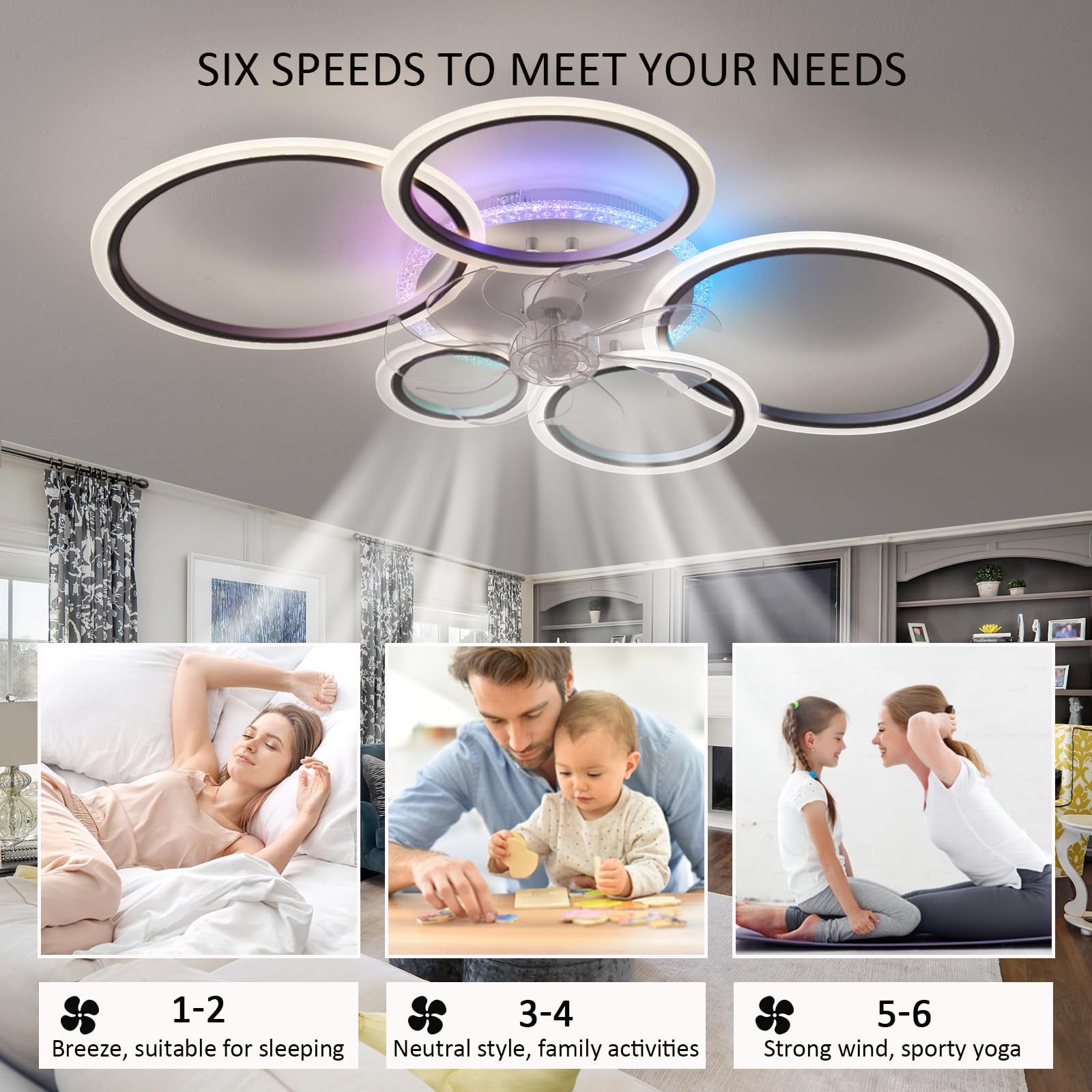 RGB Ventilatore Da Soffitto Con Luce Dimmerabile Cameretta Silenzioso Lampadario Ventilatore Con Telecomando Reversibile 6 Velocità Ventola Soffitto Con Luce Soggiorno Φ 95 Cm, Nero
