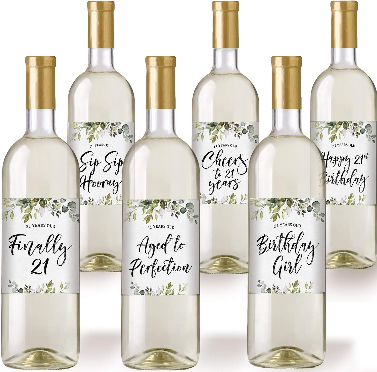 Printed Party 21st Birthday Wine Bottle Labels, Greenery, Set of 6