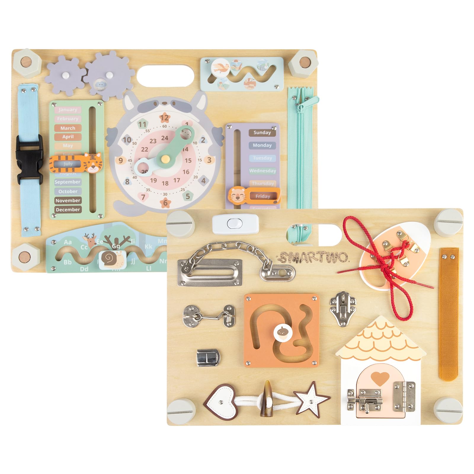 Smartwo Large Double-Sided Montessori Busy Board for Toddlers 2 3 4 Years Old, Wooden Sensory Toy, Fine Motor Skills Activities, Fidget Toys for Toddler Autism, Kids Gifts