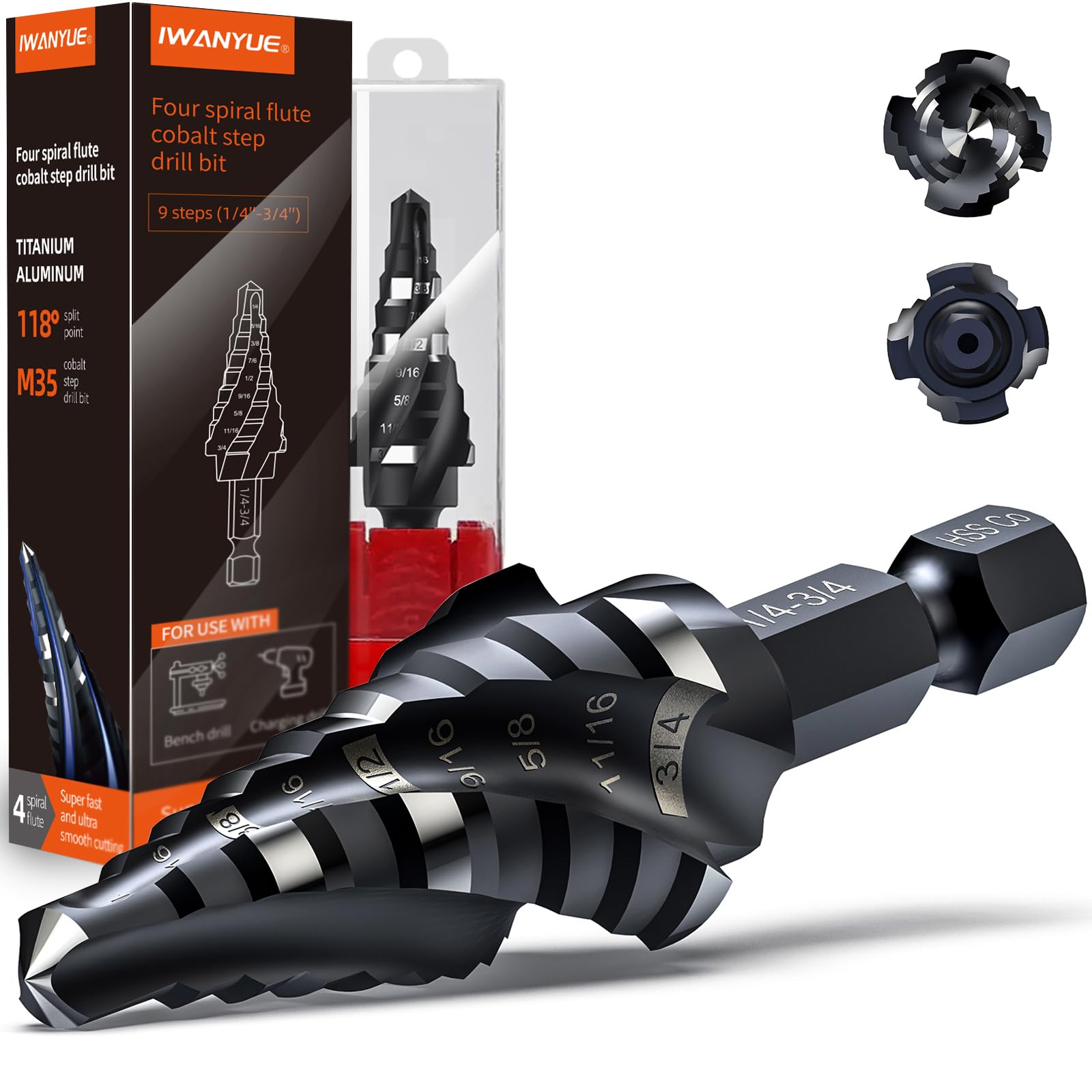 Broca escalonada de cobalto HSS M35, broca escalonada de cobalto de cuatro flautas en espiral, broca unibit de impacto de 1/4"-3/4"