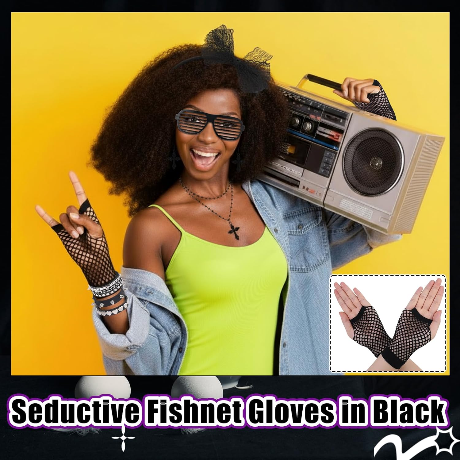 9 Pcs 80s Accessories for Women Leather Punk Bracelets Cross Necklace Earrings Headband Fishnet Glove Shutter Glasses for Halloween Cosplay Costume - Image 6