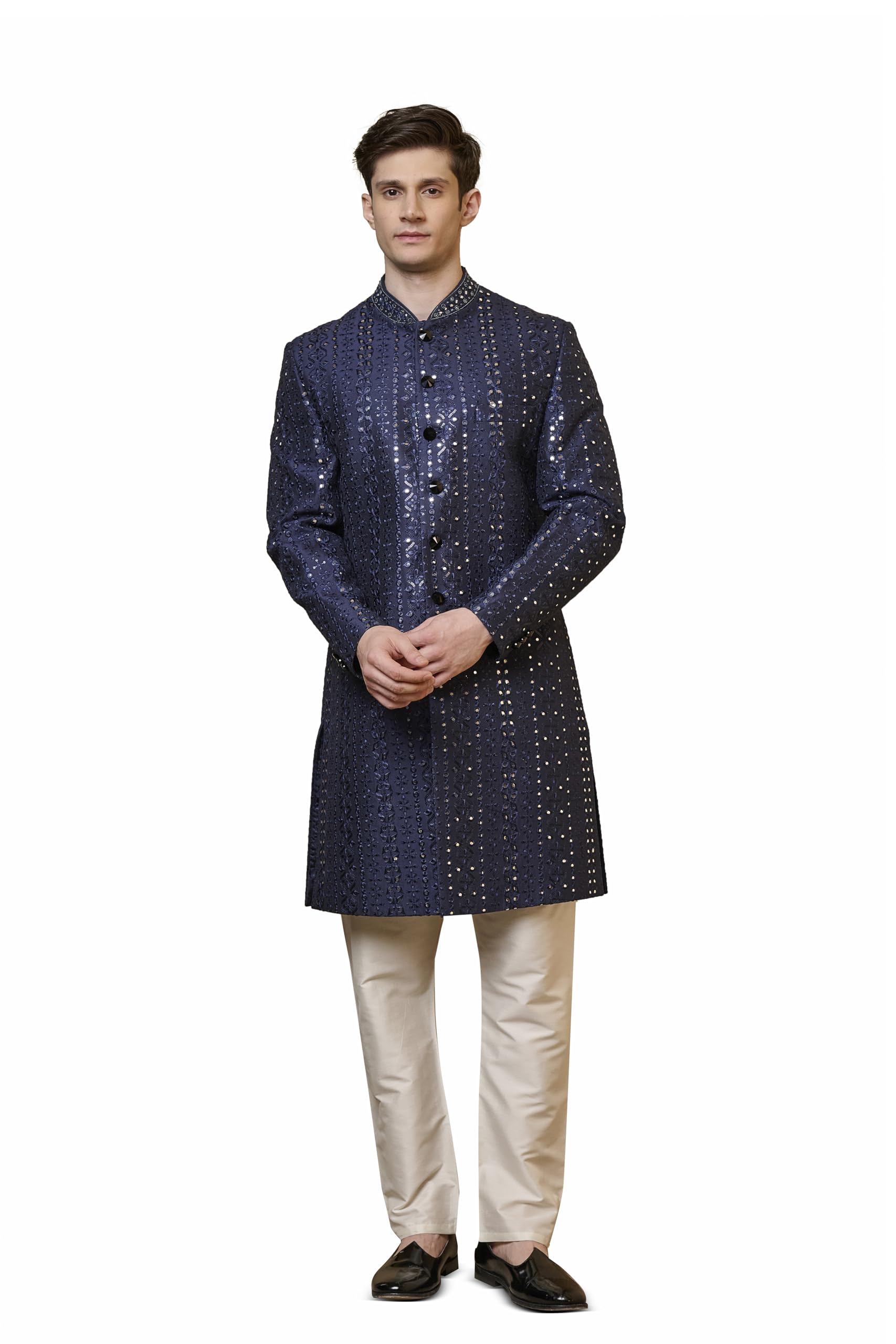 Navy Blue Embroidered Indo-western Set-image-7