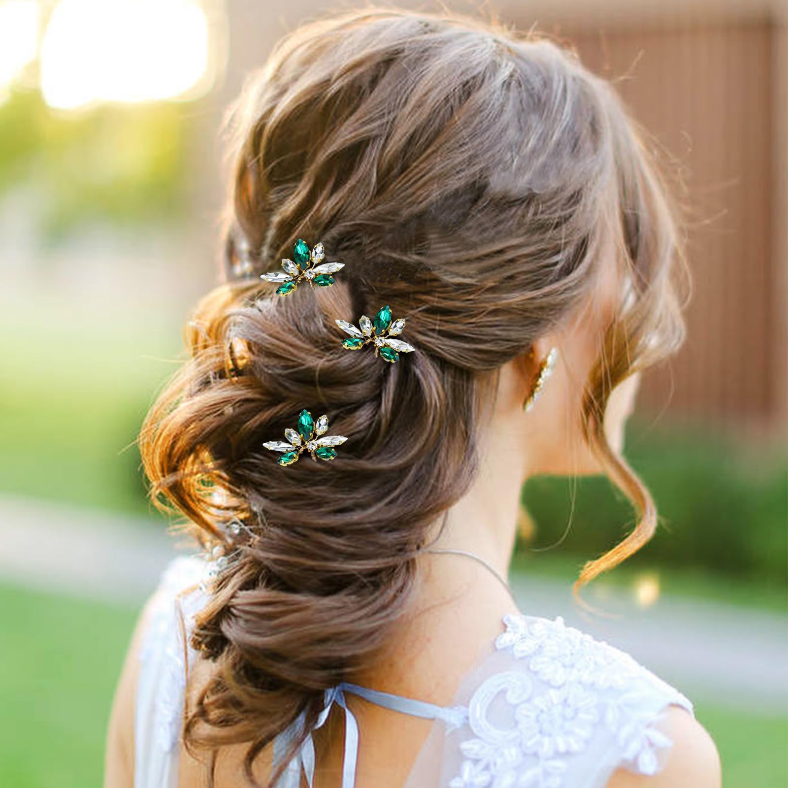 Dizila 12 Pack Gold Metal Emerald Green Rhinestone Party Prom Wedding Bridal U-shaped Hairpins Headpieces Accessories for Brides Bridesmaids Women Girls - Image 2
