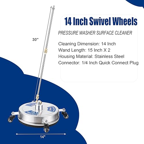 Miniatura 6 de Limpiador de superficies de hidrolavadora de 14 pulgadas con 4 ruedas, enchufe de conexión rápida de 14 pulgadas, accesorio resistente de acero