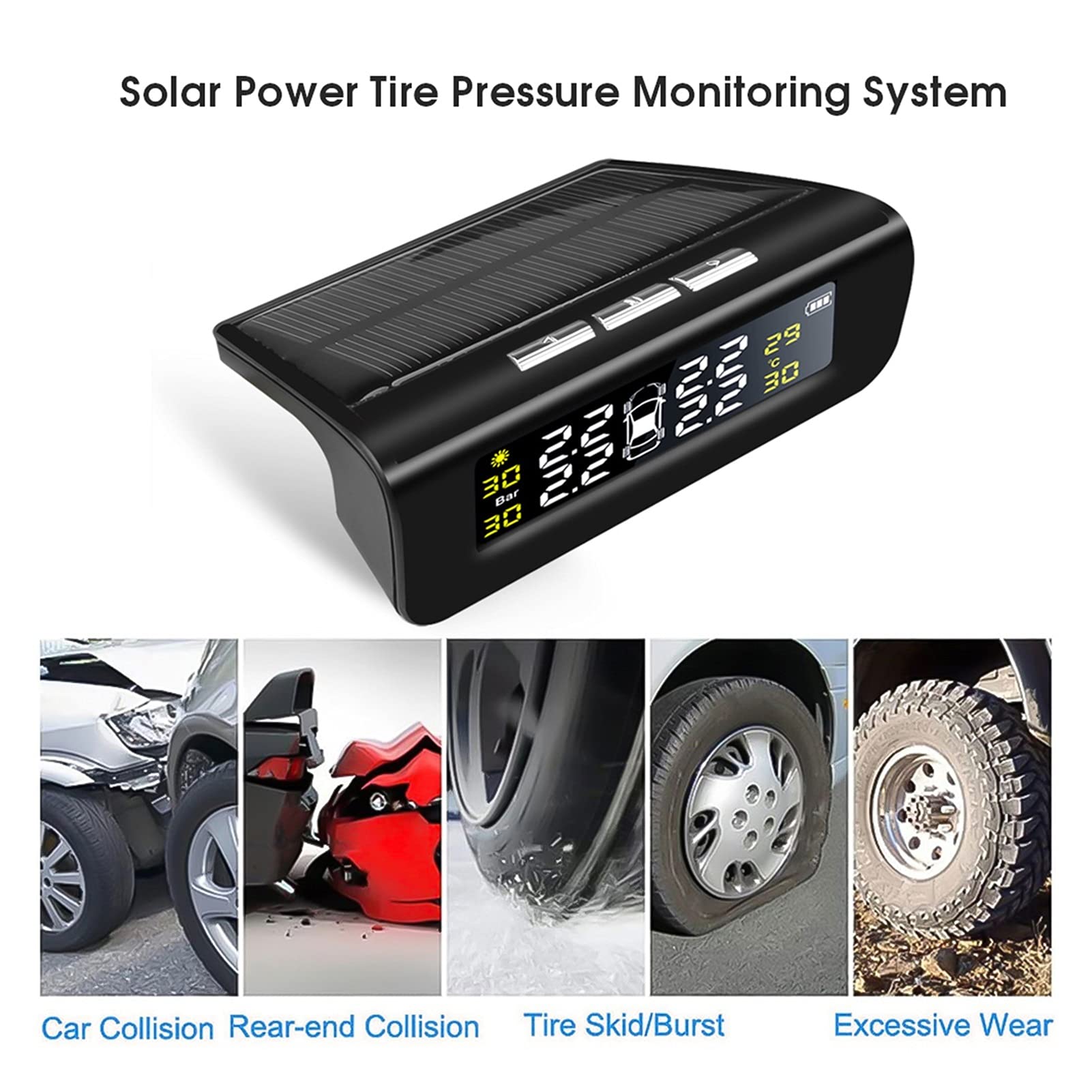 Strumenti di controllo della pressione dei pneumatici Sistema di monitoraneo per pneumatici per pneumatici per auto Smart Automobile solare TPMS. Pneumatici AVVERTENZA Avviso ad alta temperatura Senso