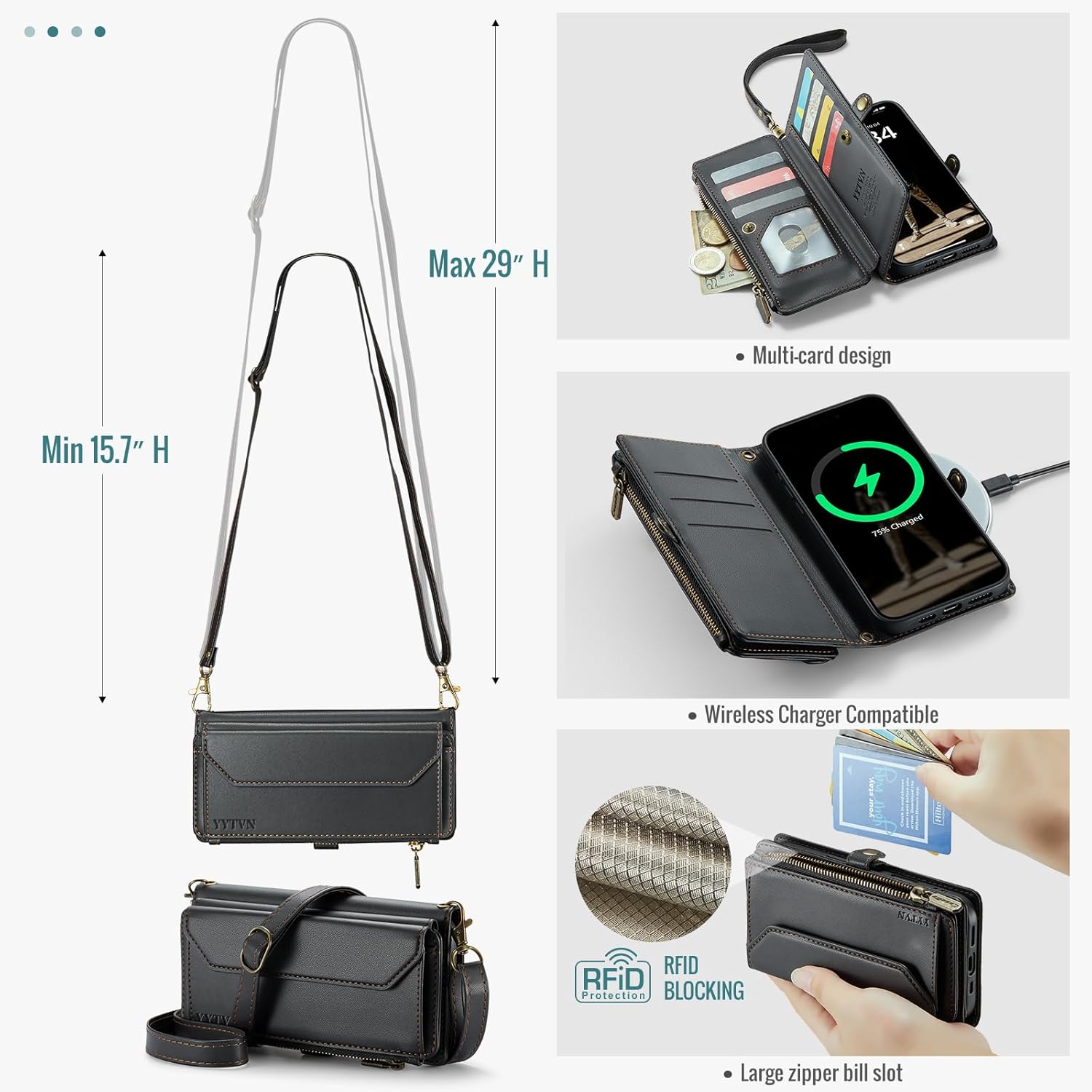 for iPhone 17 Pro Max Wallet Case with Zipper Card Holder & Crossbody Lanyard Strap & Wrist Strap, RFID Blocking PU Leather Magnetic Flip Handbag Purse Case for iPhone 17 Pro Max -Black