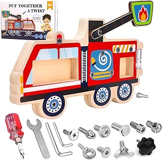 Fire Engine Wooden Toy with Screws and Tools - Montessori Learning Toy from 3 Years - Motor Skills Toy for Screwing - Gift for Boys and Girls