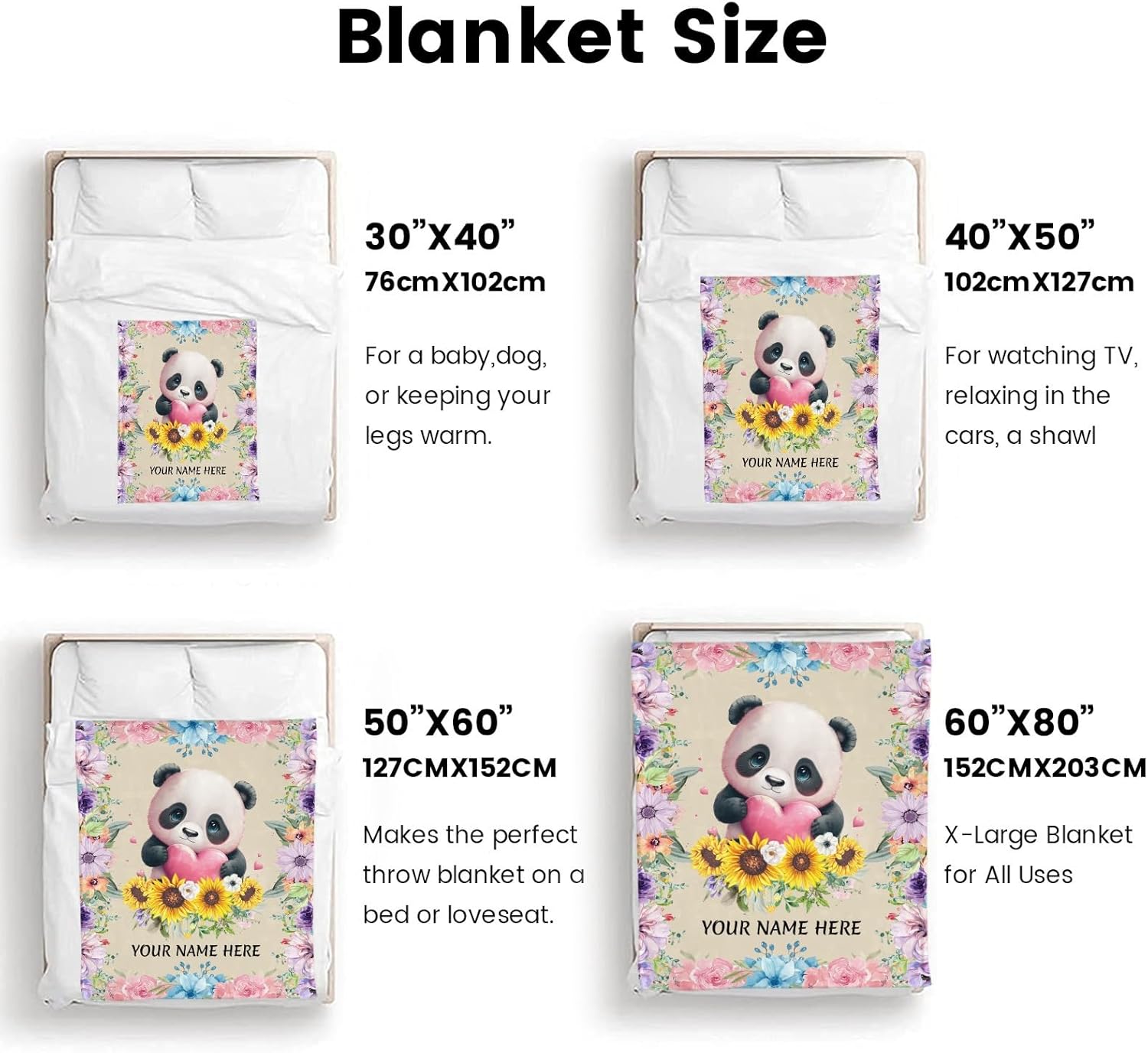 Personalized Panda Blanket, Ultra Soft Micro Flannel Custom Blanket for Bed Couch Living Room(Kids), 40" x 50"