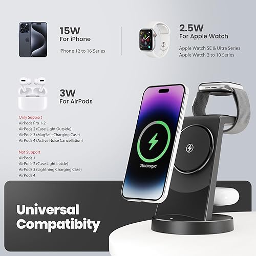 Miniatura 5 de Soporte de carga inalámbrico magnético 3 en 1 estación de carga Qi2 segura de 15 W para iPhone 17 16e 16 15 14 13 12 Pro Max - Apple Watch S112
