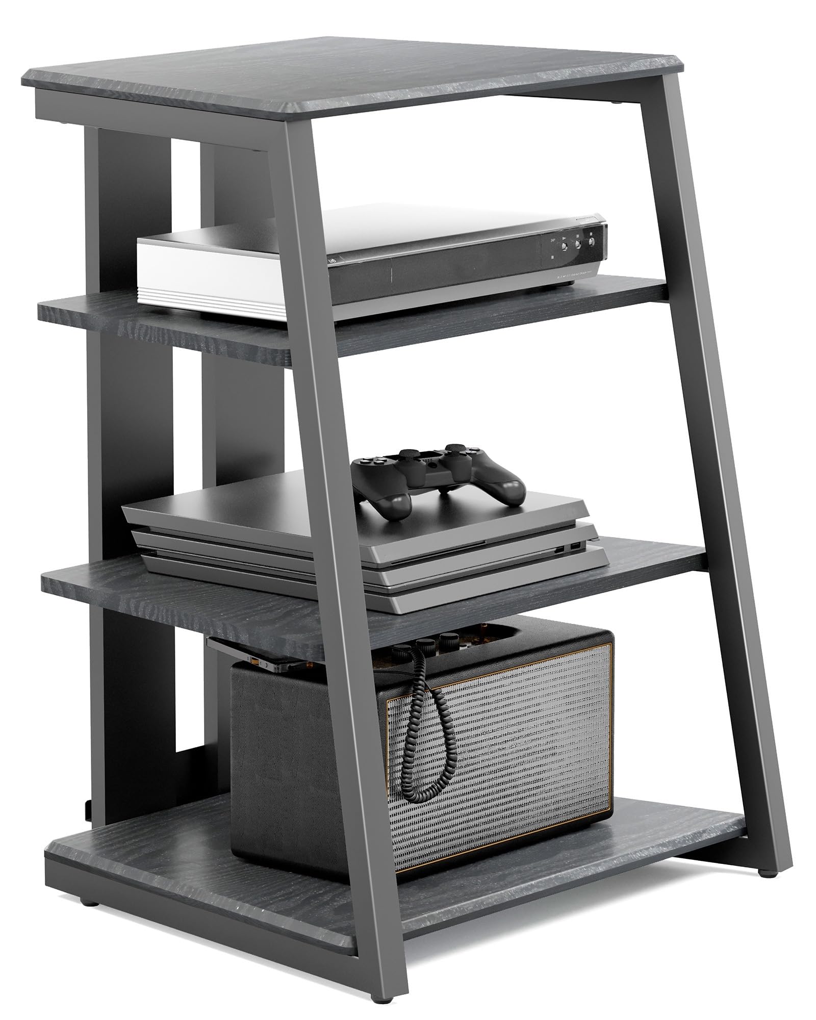 FITUEYES Design 4-Tier AV Media Stand Corner Shelf Stand Wooden Corner Shelves Component Cabinet Stereo Rack Audio Tower with Height Adjustable Wooden Shelves for/Xbox One/ps4 (Black)