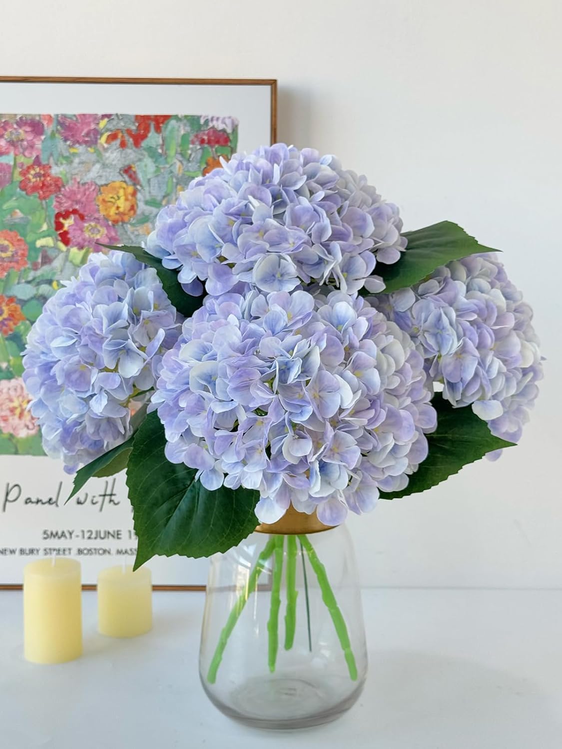 YalzoneMet 4Pcs Light Purple Silk Hydrangea Artificial Flower Lifelike Big Blooms 20'' Long Stem Faux Hydrangea Flower Bouquets for Home Party Indoor Outdoor Wedding Table Centerpiece Decor