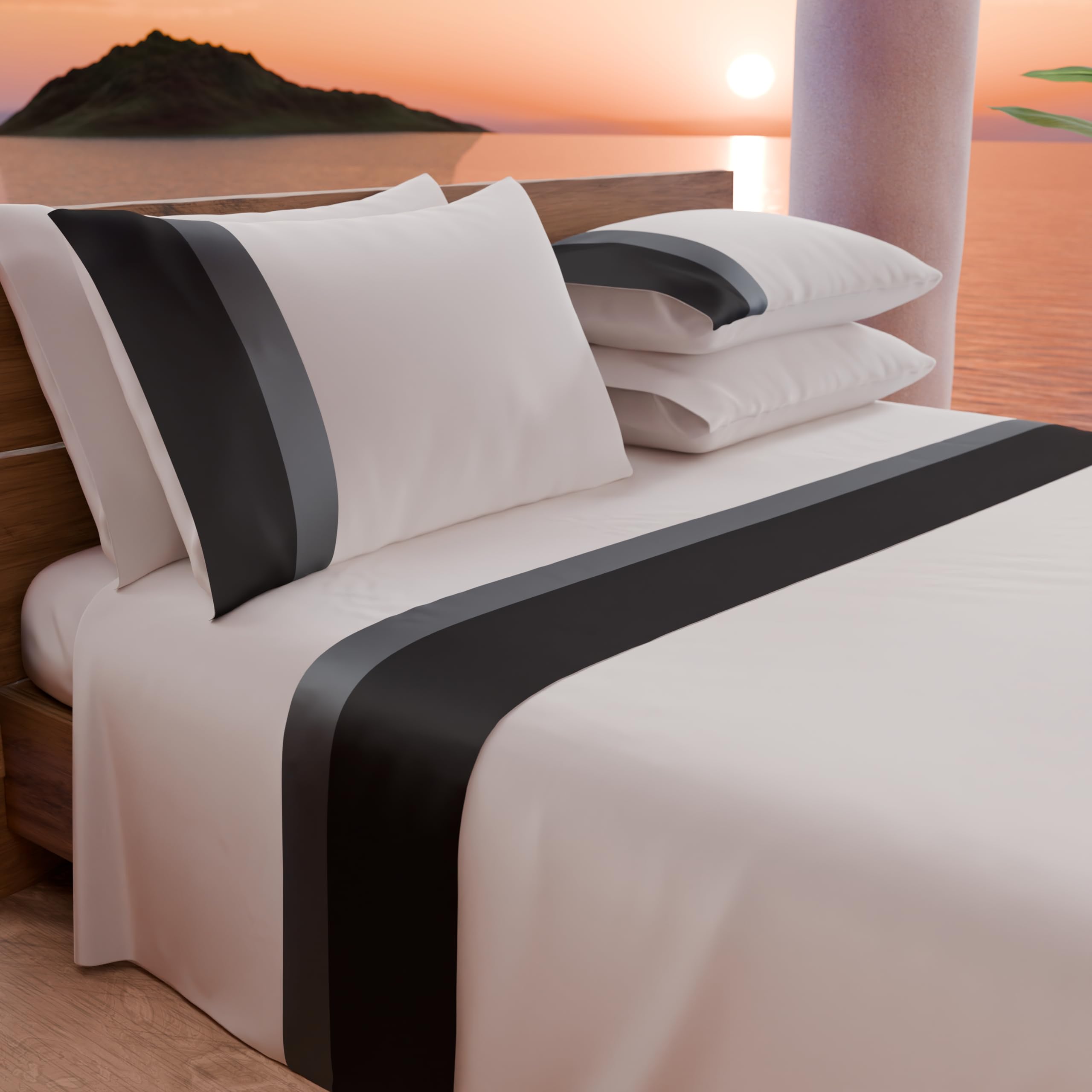 PETTI Artigiani Italiani - Set Lenzuola Letto Matrimoniale con Doppia Balza in Raso 4 Pezzi 180x200 Lenzuola in Percalle di Cotone - Lenzuolo con Angoli, Lenzuolo sopra e 2 Federe, Nero