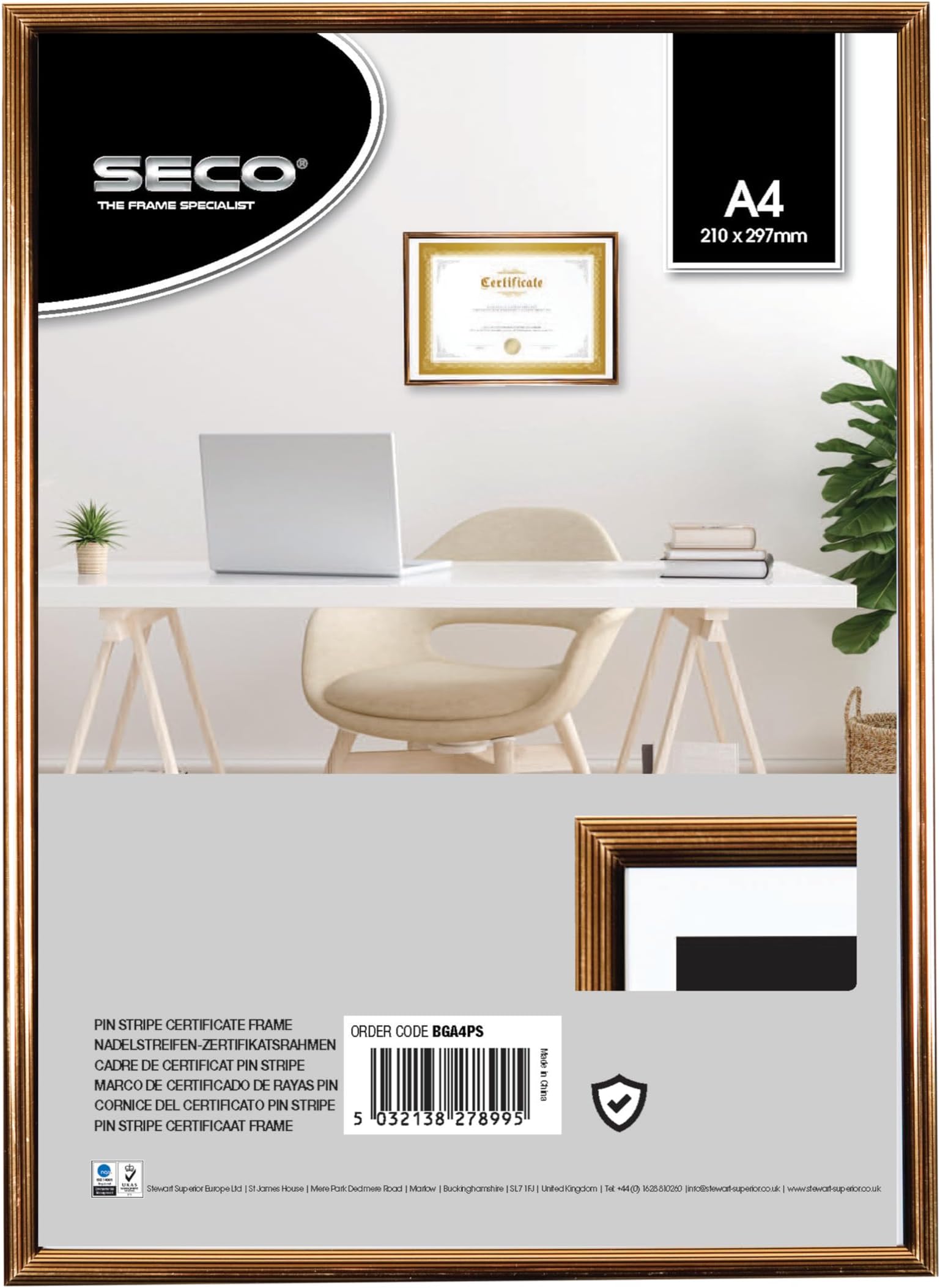 SECO Stewart Superior A4 Pin Stripe Certificate Frame with Perspex Safety Glass - Black/Gold