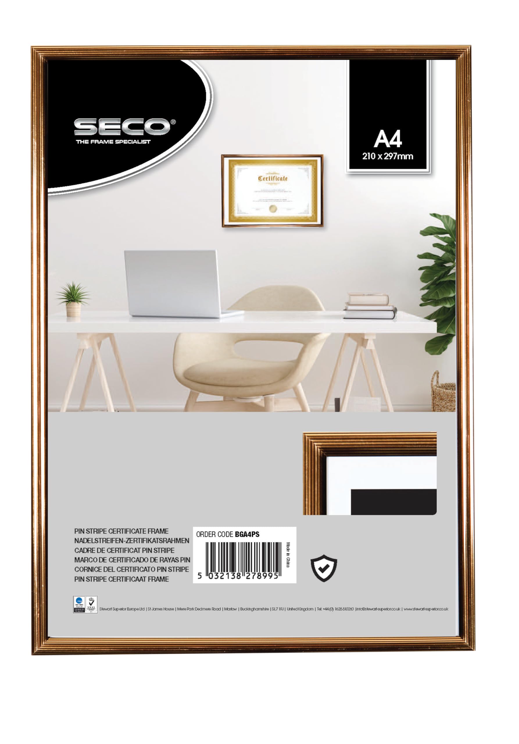 SECO A4 Pin Stripe Frame - Certificate, Photo & Picture Display with Perspex Safety Glass - Black/Gold