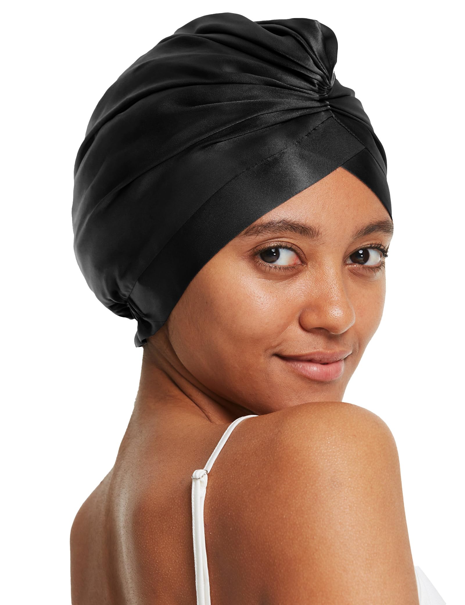 Silk Bonnet for Sleeping Womens 100% Mulberry Silk Sleep Cap Hair Wrap for Curly Long Hair, Black, M