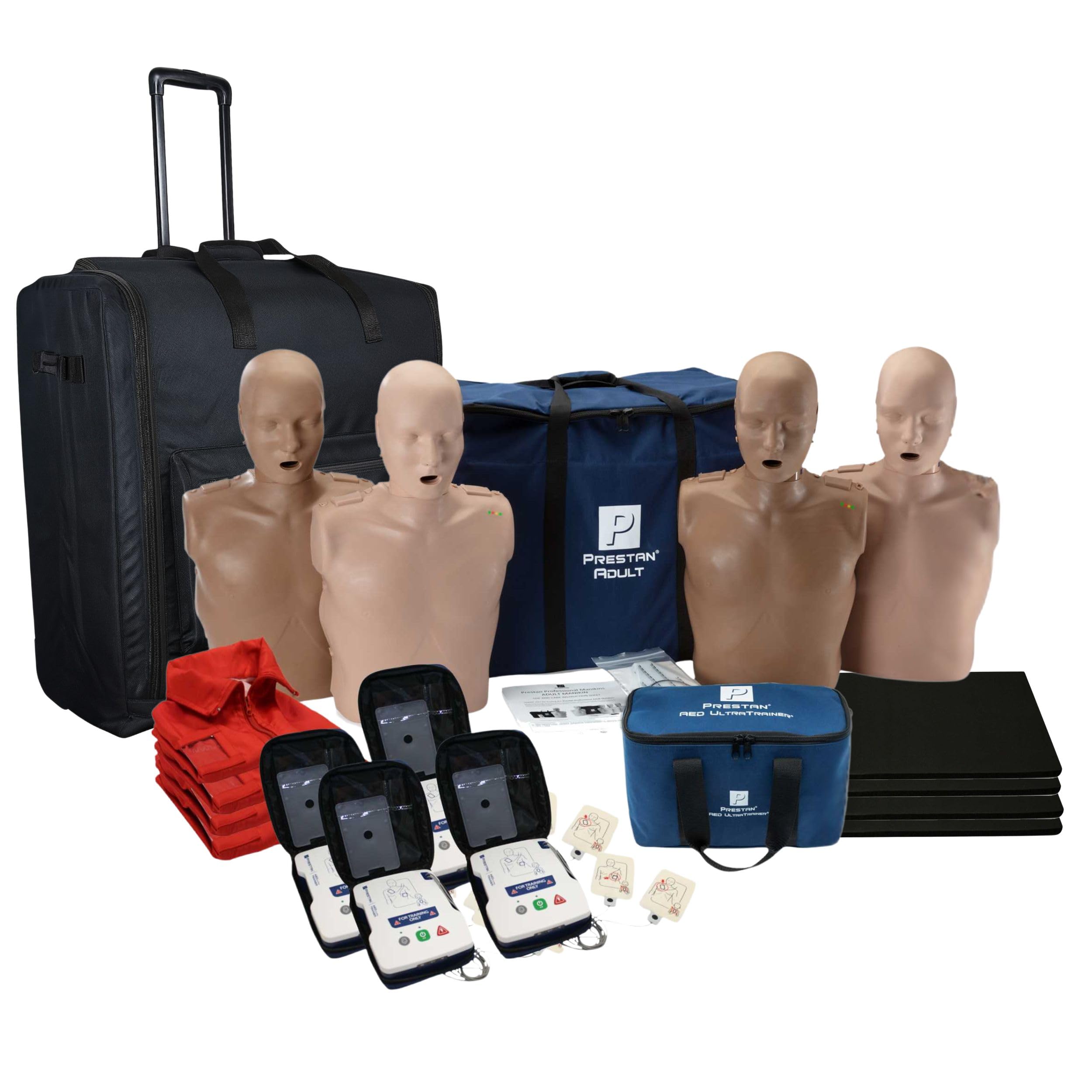 Prestan CPR Adult Manikin Diversity Kit Pack of 4 with Feedback, AED UltraTrainers, Carry Bag with Wheels