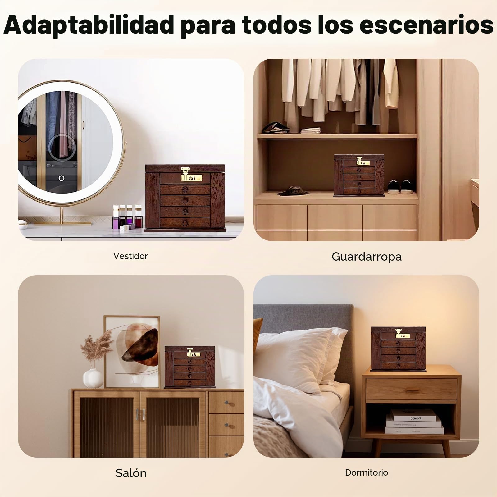 Joyero de madera grande, con 4 cajones, con cerradura y espejo