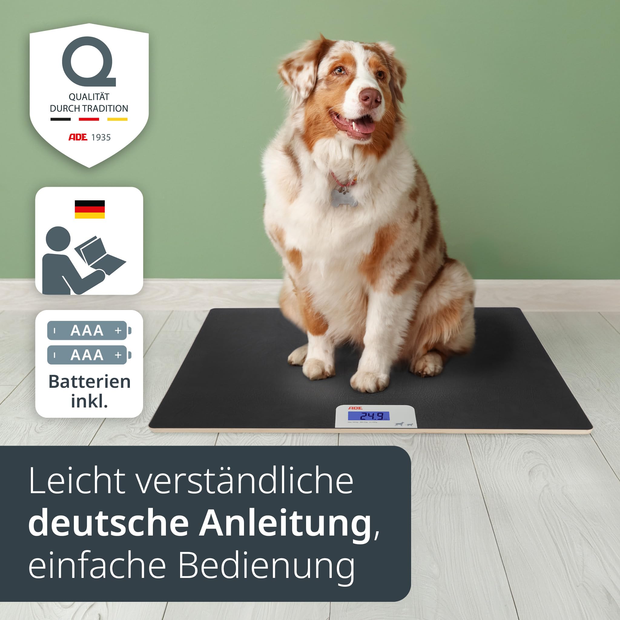 ADE Digitale Tierwaage bis 100 kg | große Hundewaage XL | extra leicht und flach | pfotenfreundliche Oberfläche | auch für Katzen und Kleintiere