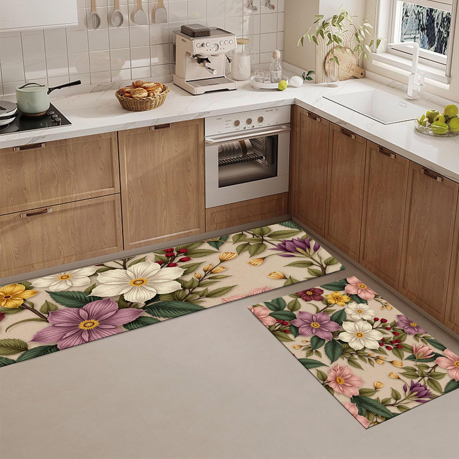 Tapis de cuisine devant évier lavable long couloir beige floral 2pcs