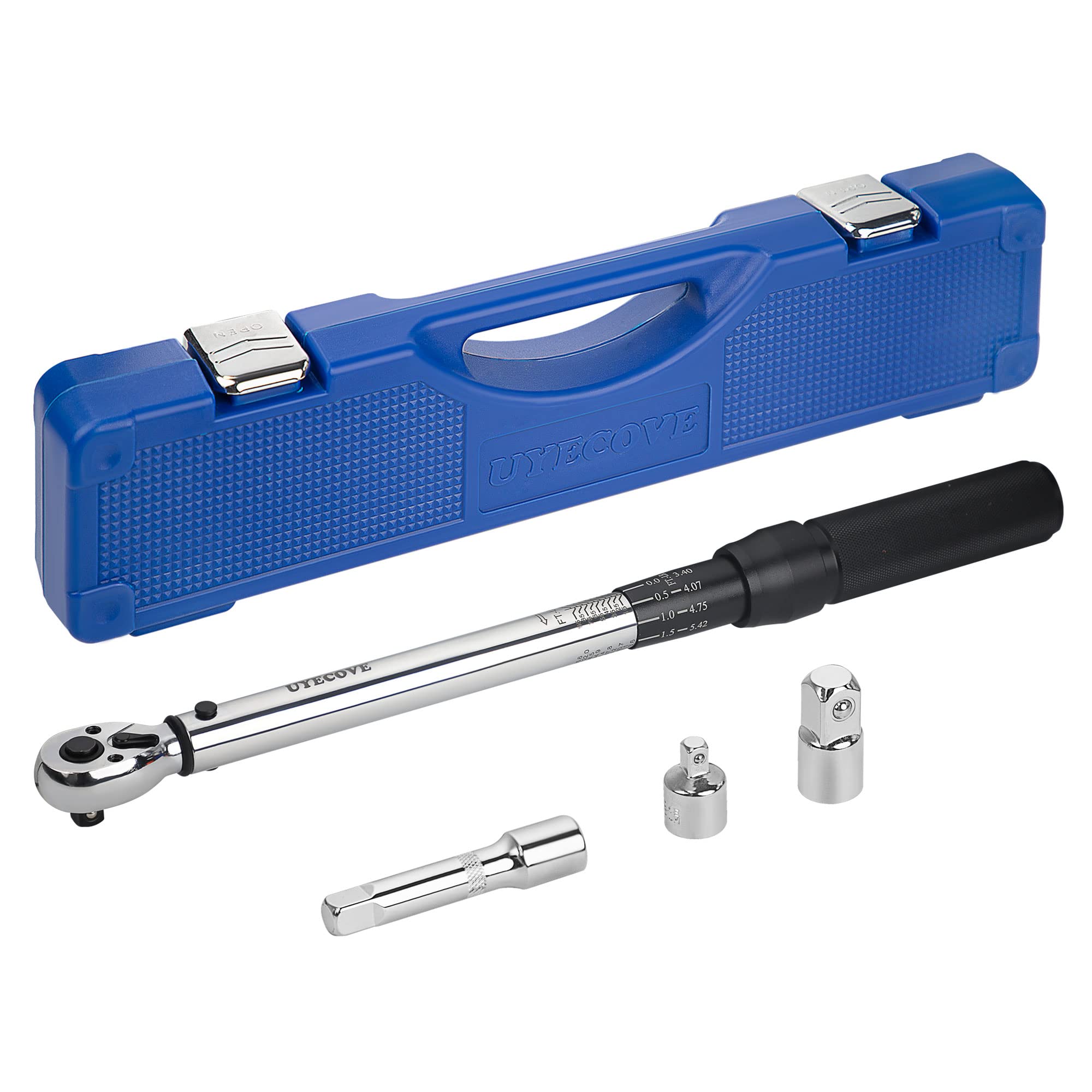 UYECOVE3/8-Inch Drive Click Torque Wrench 4 Pcs Set, Torque Wrench 3/8 Drive 10~100FT/13.6-135.6N. m, Extention Bar 3/8'' to 1/2'' Adaptor and 3/8'' to 1/4'' Adaptor