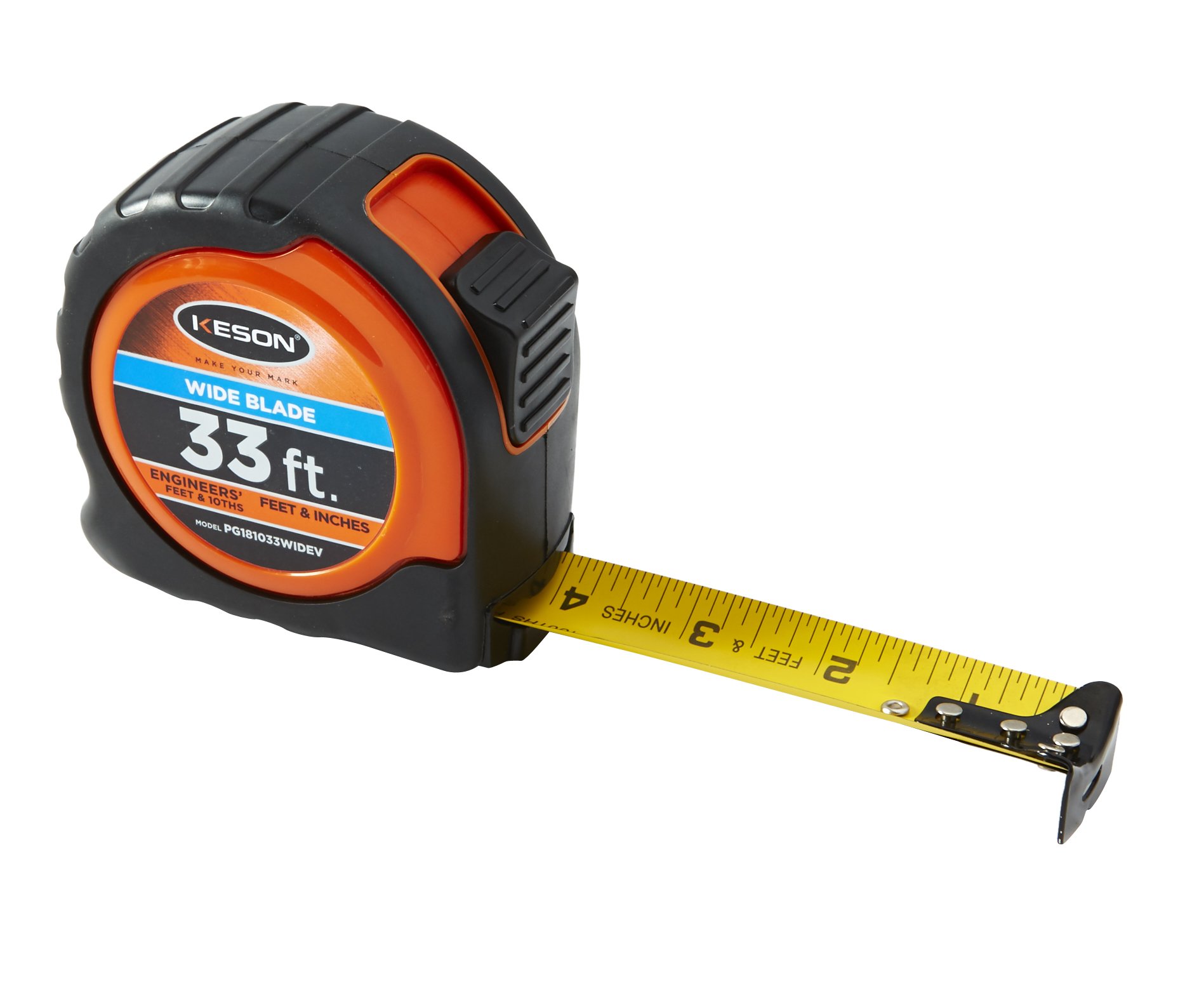 Keson PG181033WIDEV Short Tape Measure with Nylon Coated Steel Wide Blade (Graduations: 1/10, 1/100 & ft, in, 1/8), 1-3/16-Inch by 33-Foot, Black