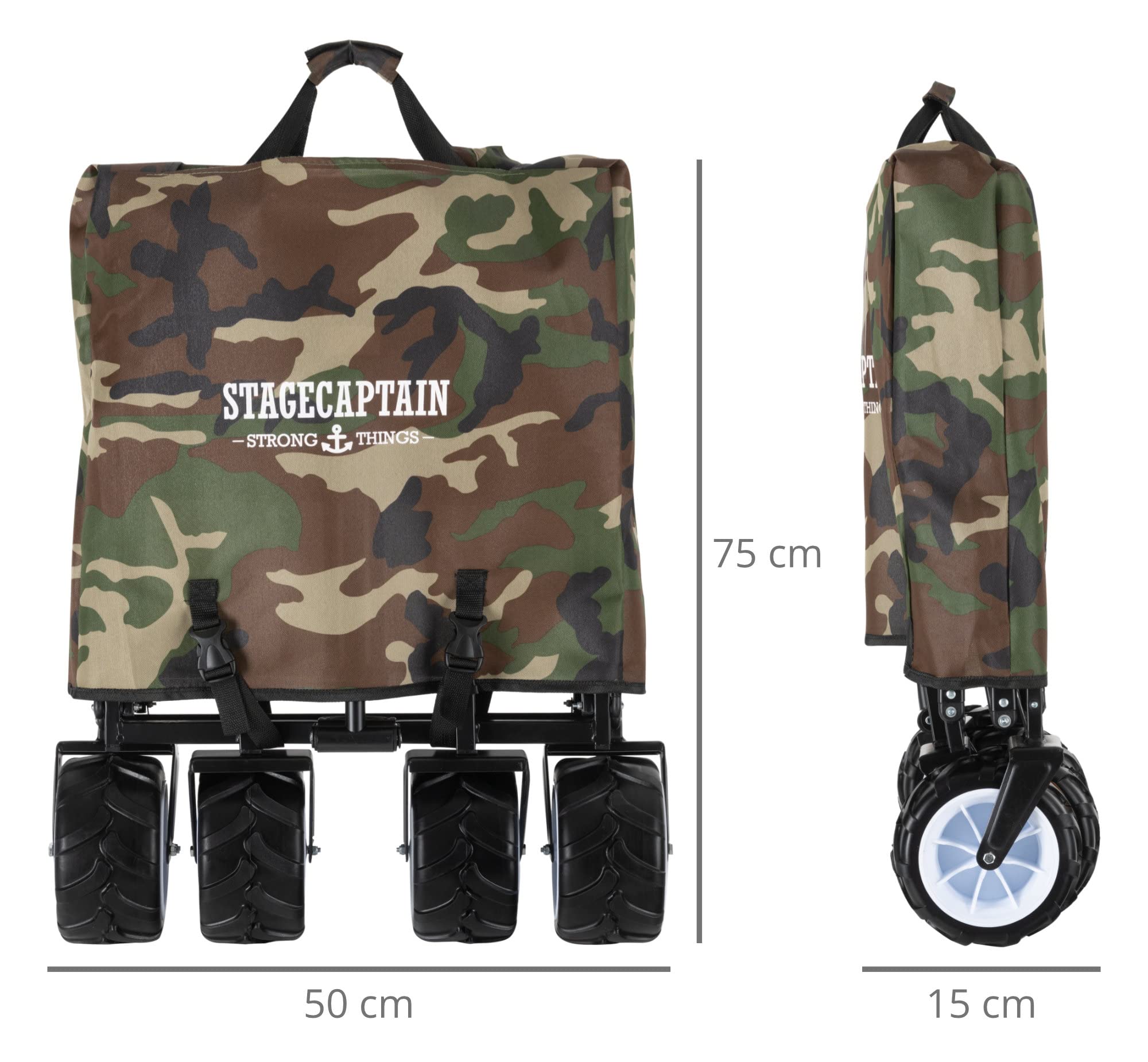 Stagecaptain BW-907 CA Bollerwagen faltbar, Camouflage | 150 kg Traglast, breite freidrehende Reifen, 600D x 300D Polyester, faltbares Metallgestell, 2 Außentaschen