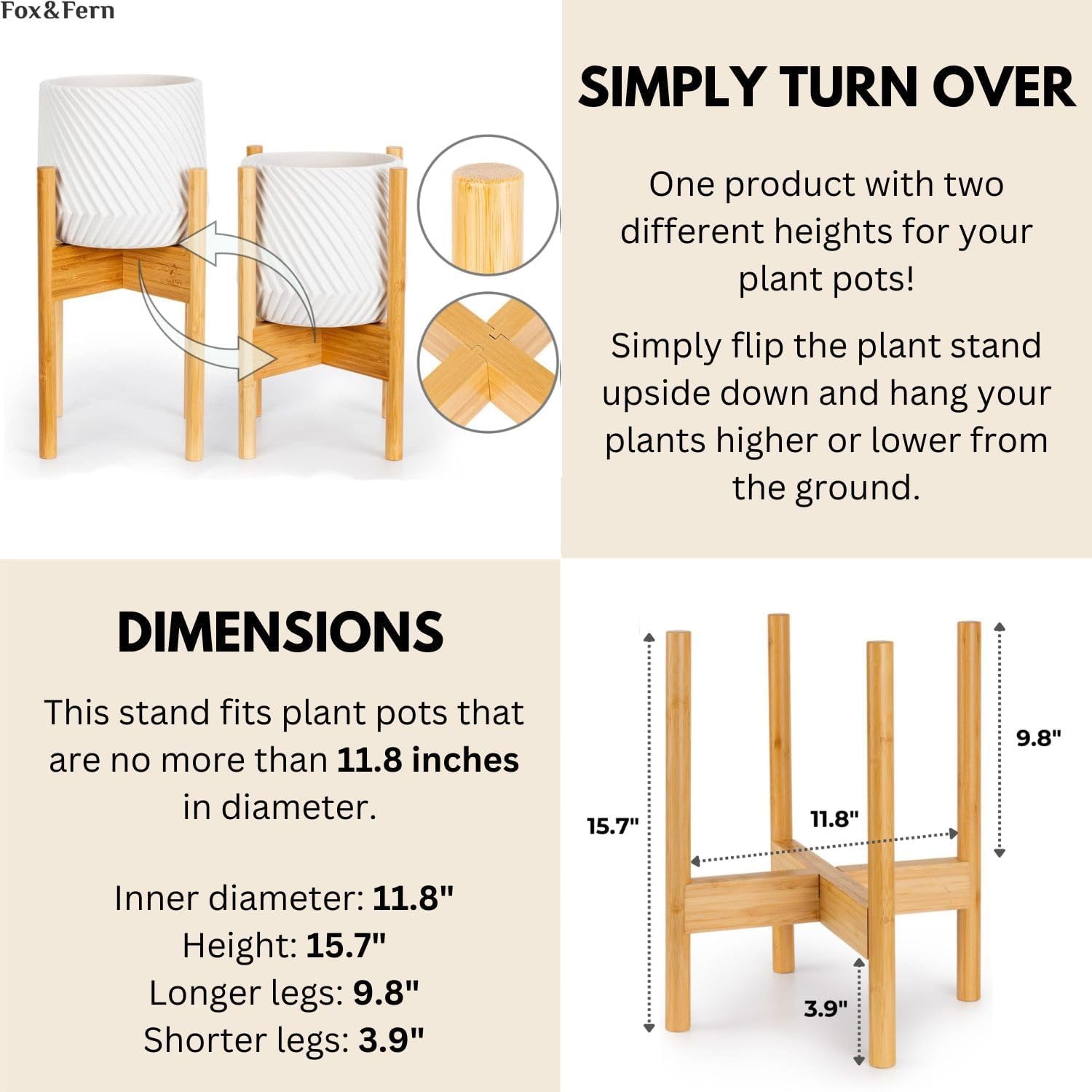 Fox & Fern Bamboo Plant Stand — 11.8 Inch Fixed Size Wooden Mid Century Planter Stand for Indoor Planters (Not Included) - Large Flower Pot Holder for Indoor Big Pots - Plug In Design - Bamboo