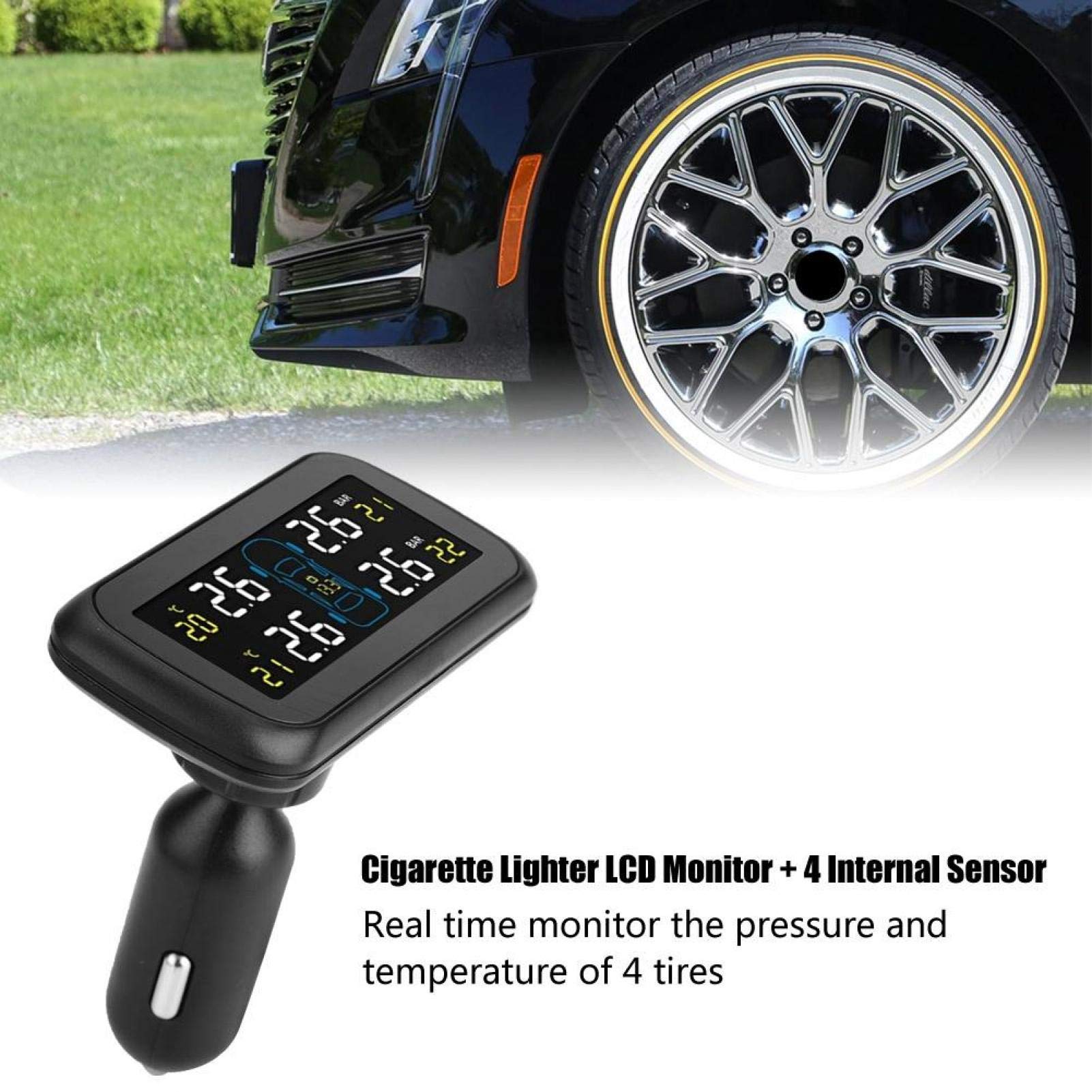 Sensor de presión de neumáticos, coche TPMS Sistema de control de presión de neumáticos Encendedor de cigarrillos LCD Cargador USB 4 Sensor interno