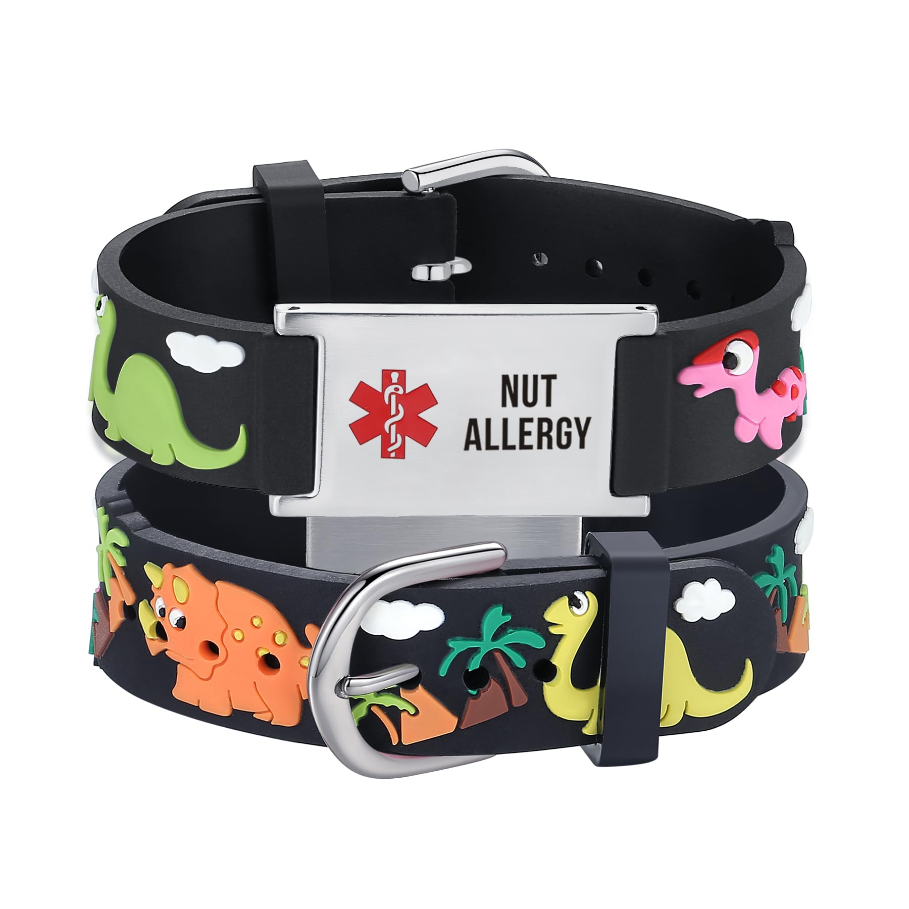 LinnaLove Medical Alert ID Bracelet – Custom or Pre-Engraved, QR Code Available,Blue Dinosaur Band