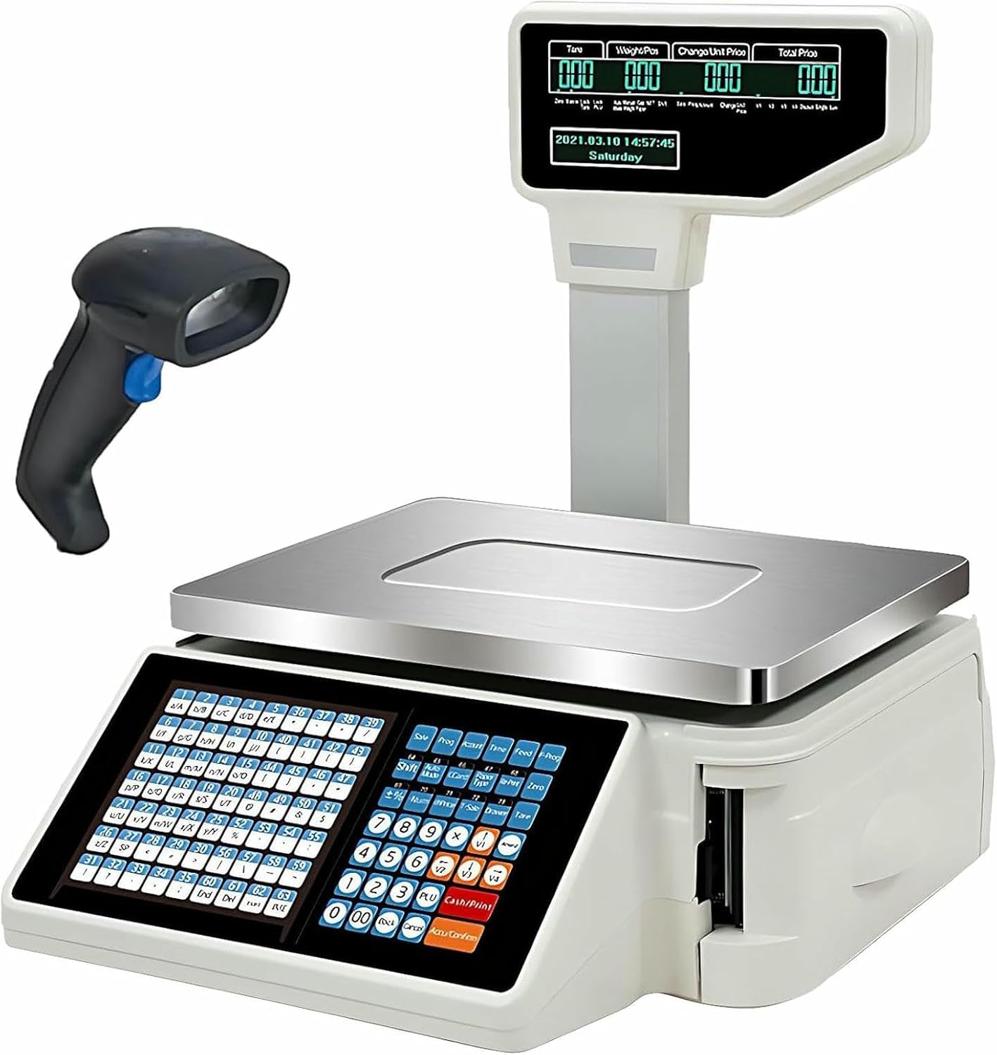Digital Price Label Printing Scale, Digital Barcode Scale with 63 Shortcut Keys and Pole Display, Label and Receipt Printing +Scanner