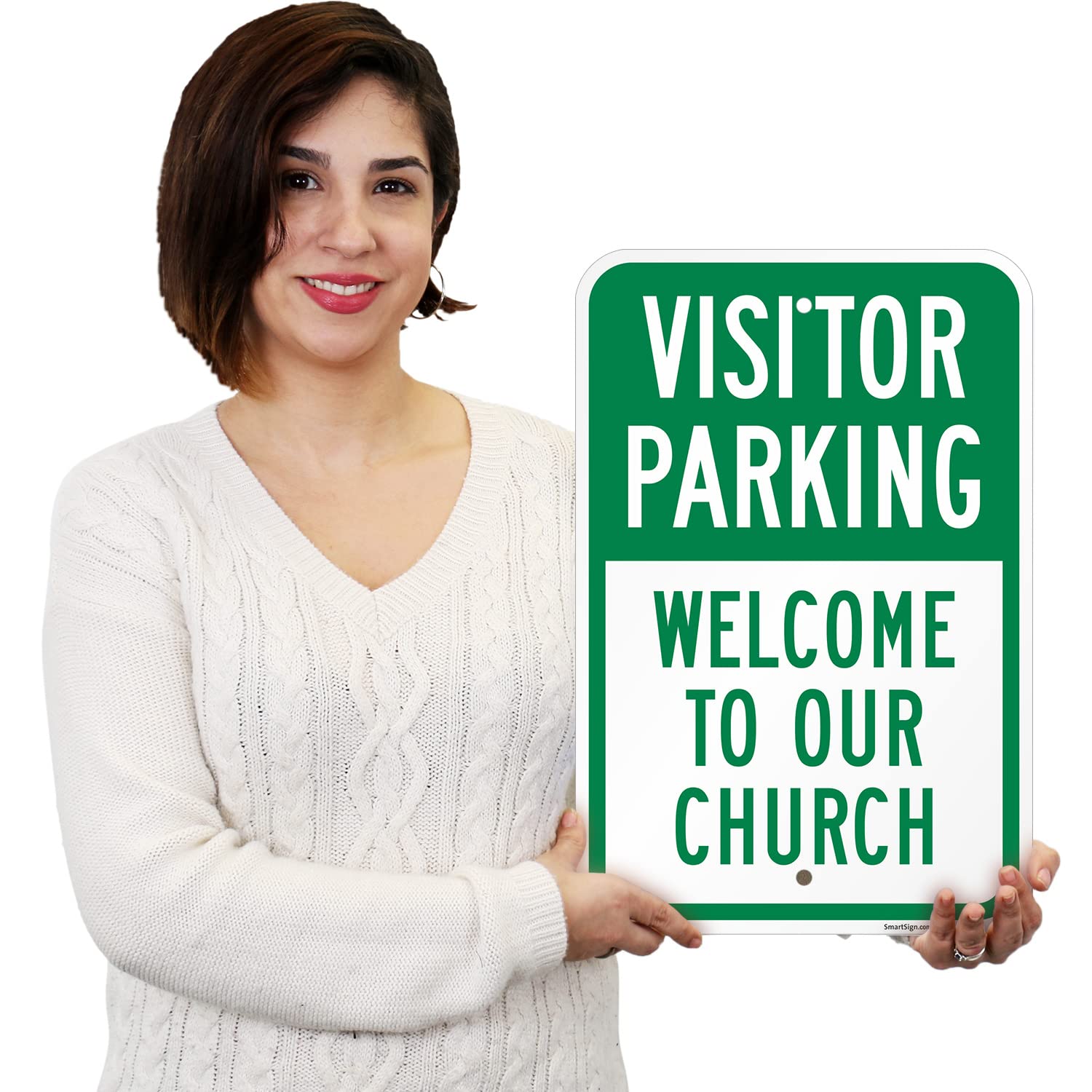 Smartsign Parking Sign, Legend "visiteur de parking – Bienvenue dans notre Église", Vert sur blanc, 18" x 12", Green on White, 1