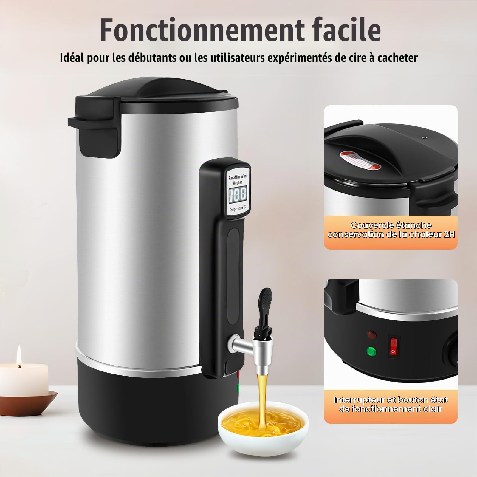 Fondoir Cire Bougie Machine Pot De Fusion Cire éLectrique Acier Inoxydable 10.8L, 1100 W Bec Verseur Machine à Fondre La Cires RéGlage 30-110 ℃, Affichage Numérique LED, Pour Fabrication De Bougie