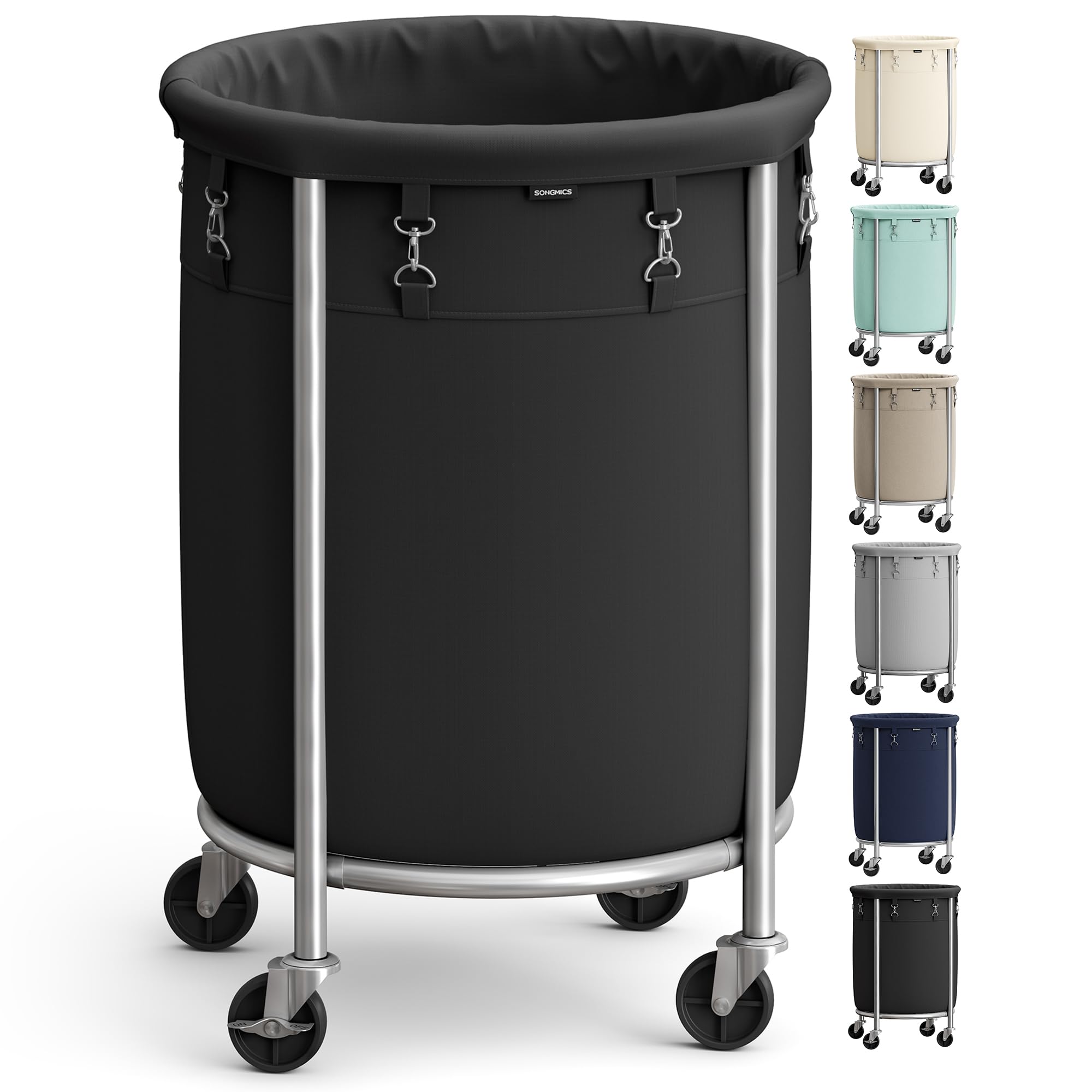 SONGMICS 29-Gallon (110 L) Laundry Basket with Wheels, Rolling Round Heavy-Duty Laundry Hamper Cart with Steel Frame and Removable Bag, 2 Locking Wheels, Ink Black and Metallic Silver URLS002B01
