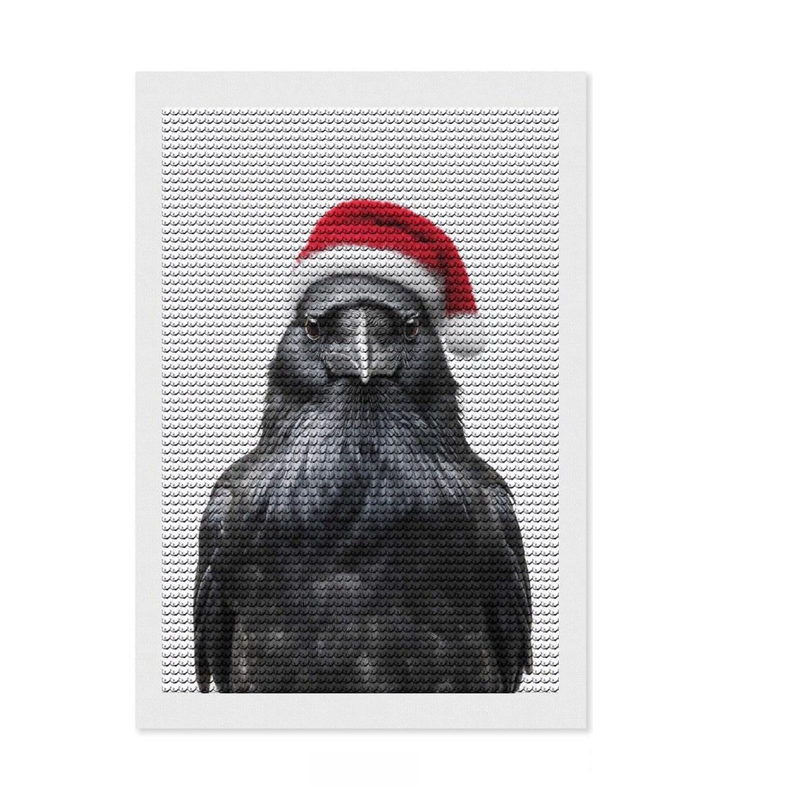 Junmoney Raven Wearing A Santa Hat DIY Diamond Art Canvas Kit 8"x12", Stress Relief Craft, Boho Decor, for Family Craft Time, Festive Craft Gift