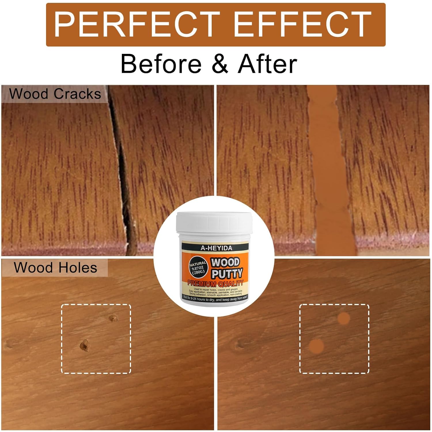 Natural Wood Filler Putty - Repair Wood Cracks & Holes on Furniture, Floors, Cabinets - Paintable, Stainable