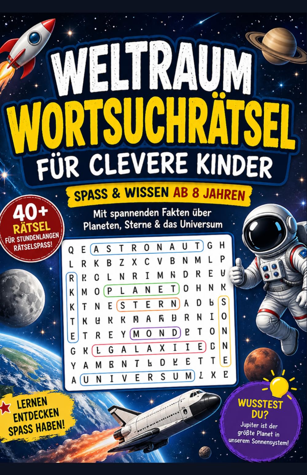 40 Weltraum Wortsuchrätsel für clevere Kinder - Wortsuchspiele mit Spass & Wissen ab 8 Jahre: mit spannenden Fakten über Planeten, Sterne und das Universum - Reisebeschäftigung & Entspannung
