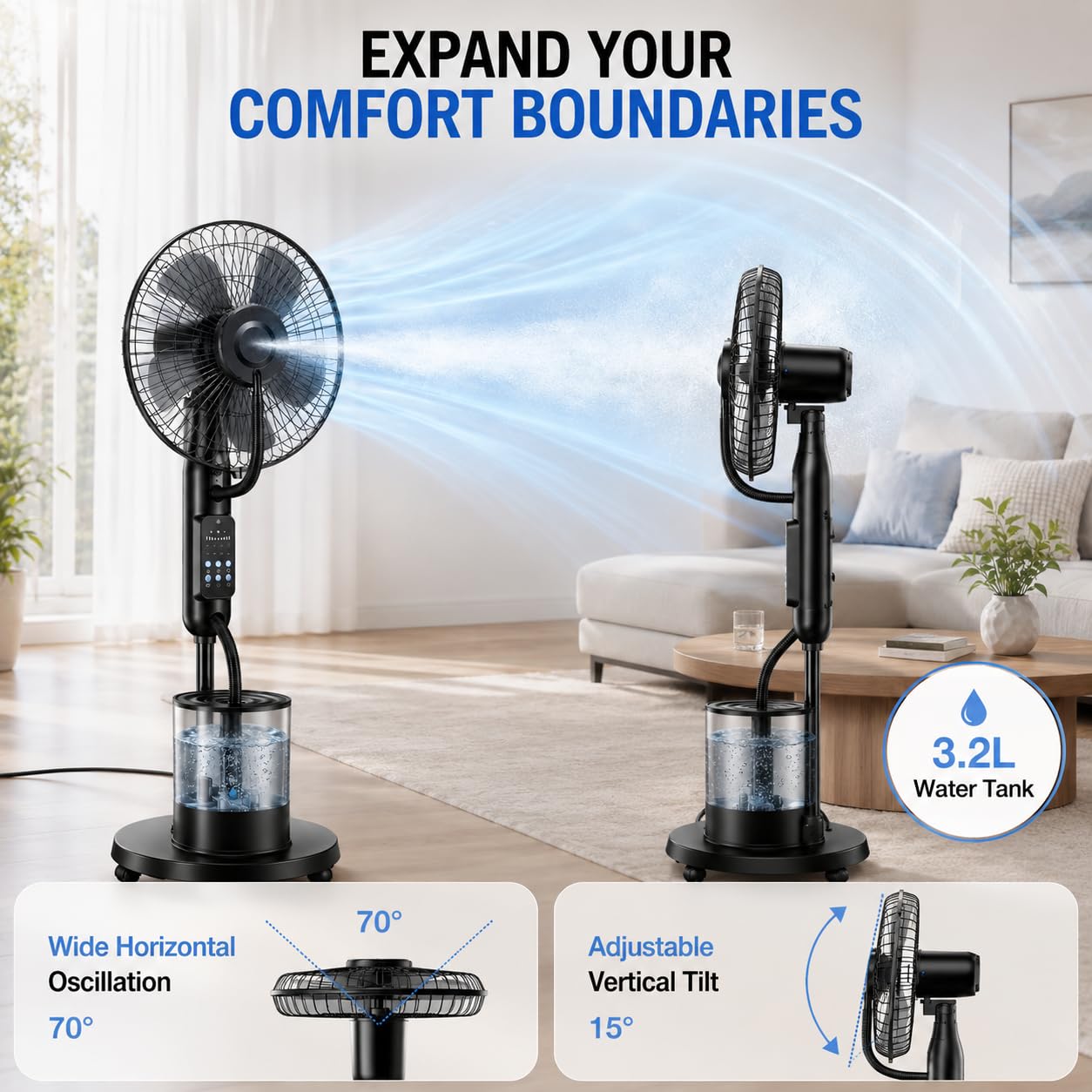 Ventilatore a Piantana Nebulizzatore 4L con Telecomando, 5 velocità | Ampio Serbatoio Acqua, 3 Modalità Raffreddamento per Casa, Camera, Ufficio, Soggiorno, Garage, Terrazza e Estate Esterni