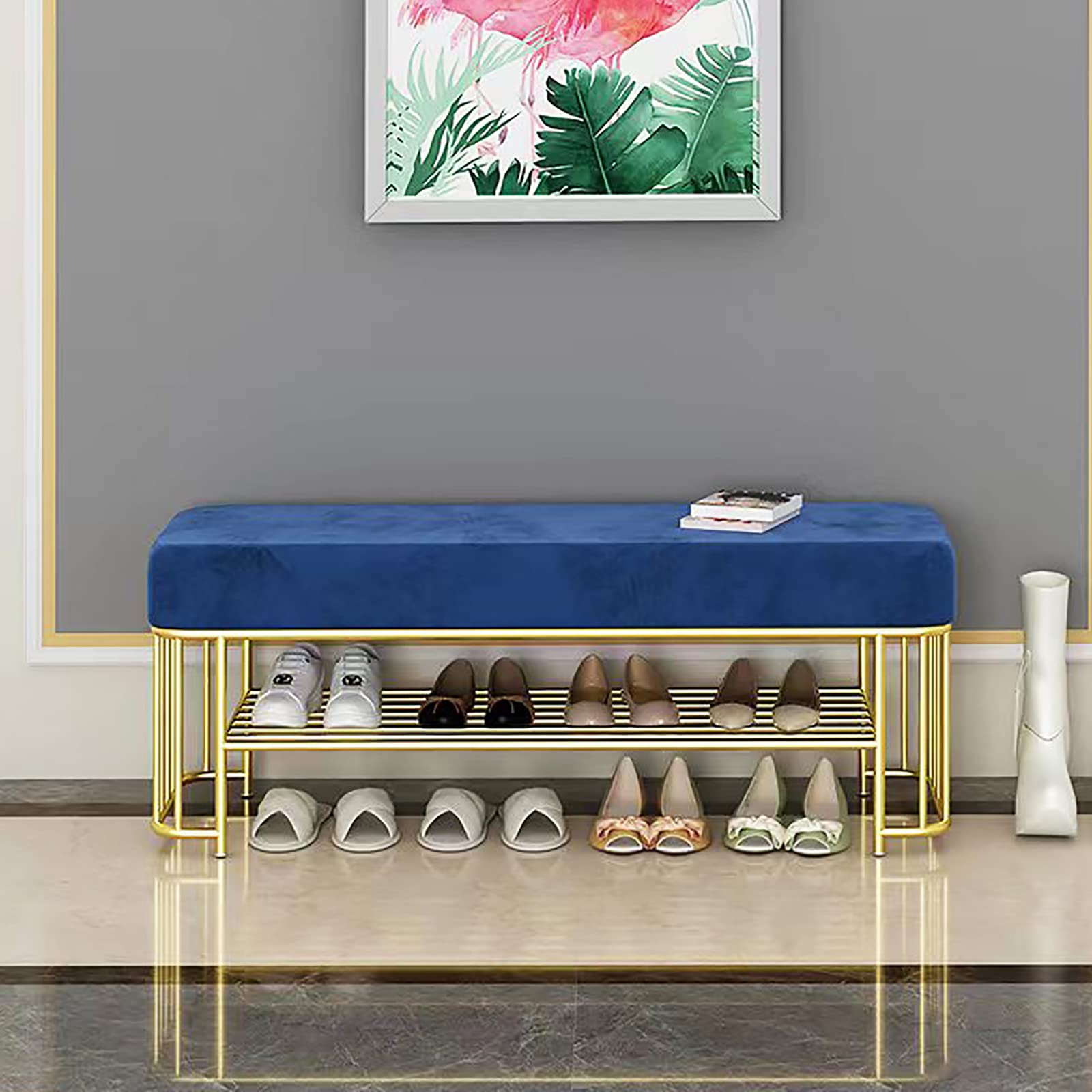 Banc d'entrée à chaussures en velours et métal doré de style moderne