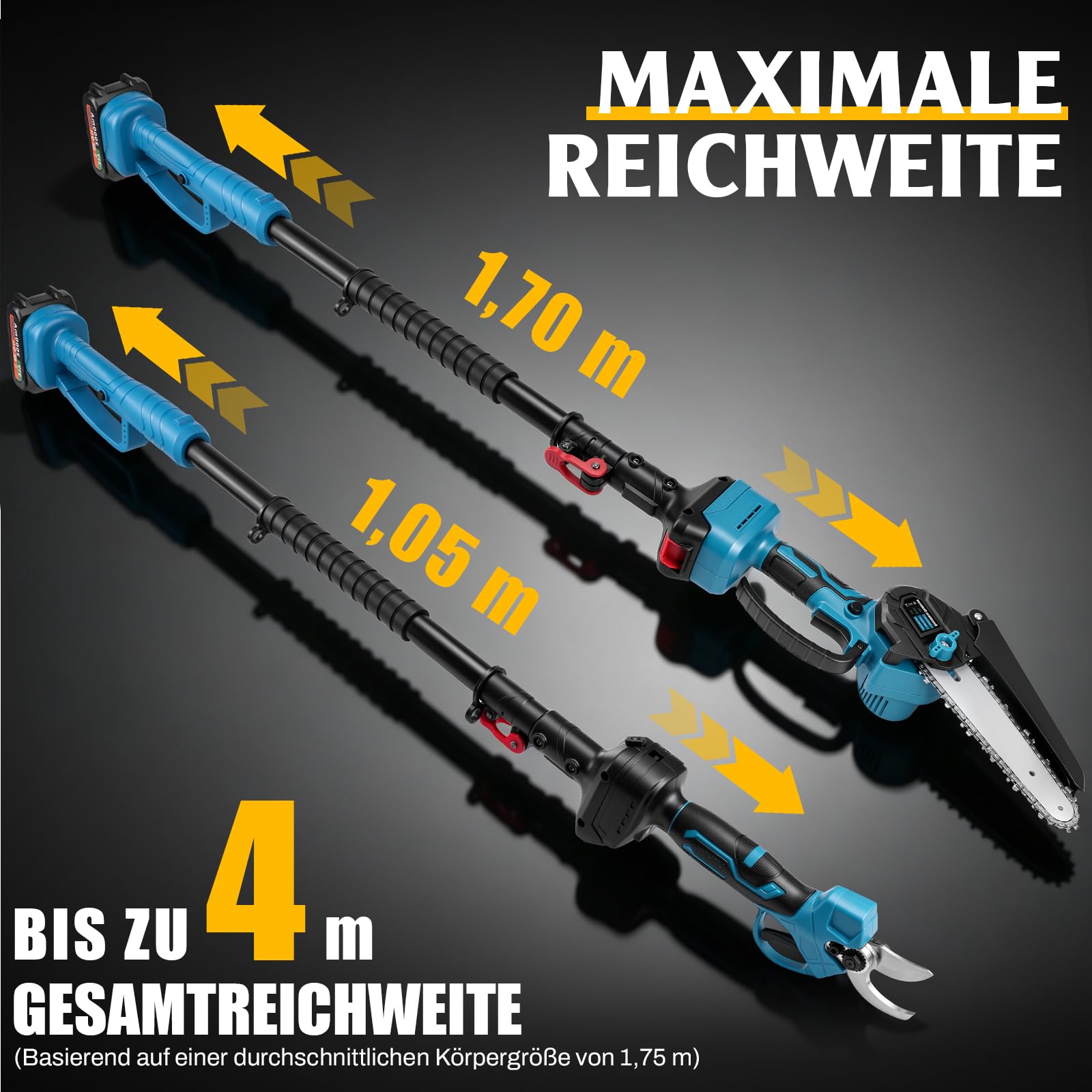 4-in-1 Akku Hochentaster kompatibel mit Makita 18V Akku | Bürstenloser 6 Zoll Mini Kettensäge & 25 mm Elektrische Astschere mit Teleskopstange & 2 x 2.0Ah Akkus, Arbeitsreichweite 4m