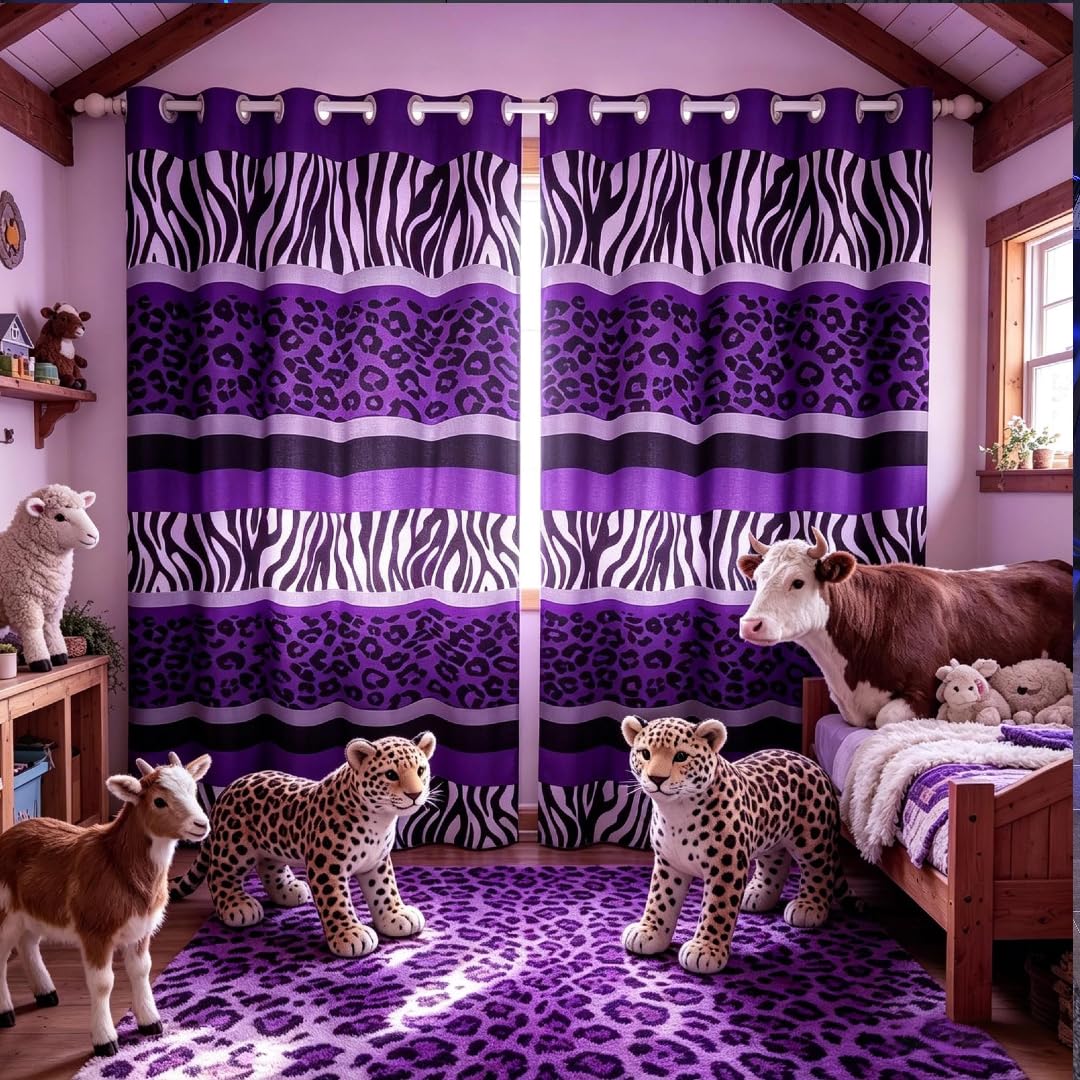 Loussiesd Leopard Curtains Zebra Stripes Window Drapes for Kids Boys Girls Purple Black White Zebra Leopard Fur Window Curtains for Safari Animal Hair Window Treatments,W46*L54 — image 1