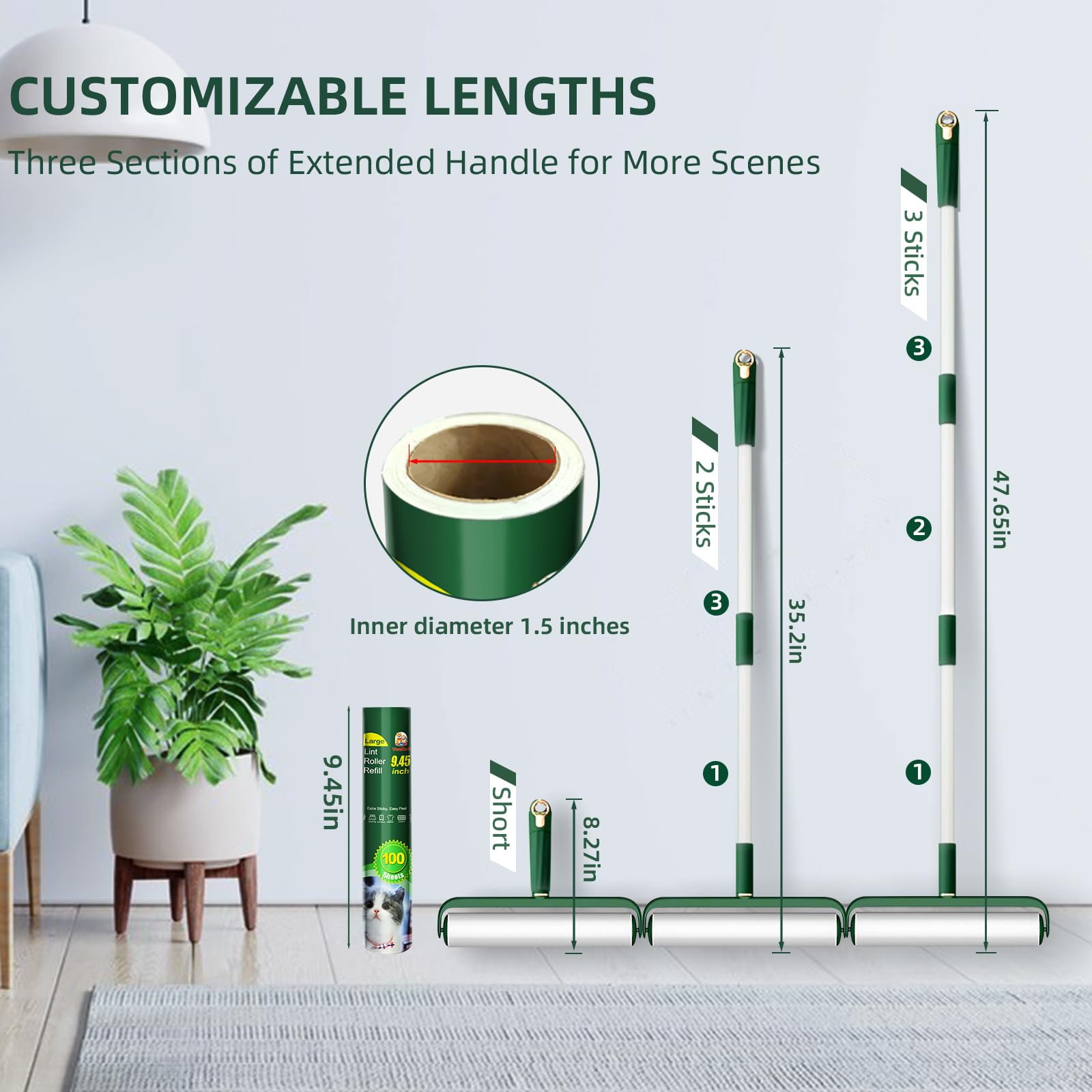Große Fusselrollen für Tierhaare, extra stark haftend, Nachfüllrollen mit 400 Blatt, mit langem Griff, 9,45 Zoll (24 cm) Lange Riesen-Fusselrolle für Fußboden, Möbel und Tierhalter (Grün)