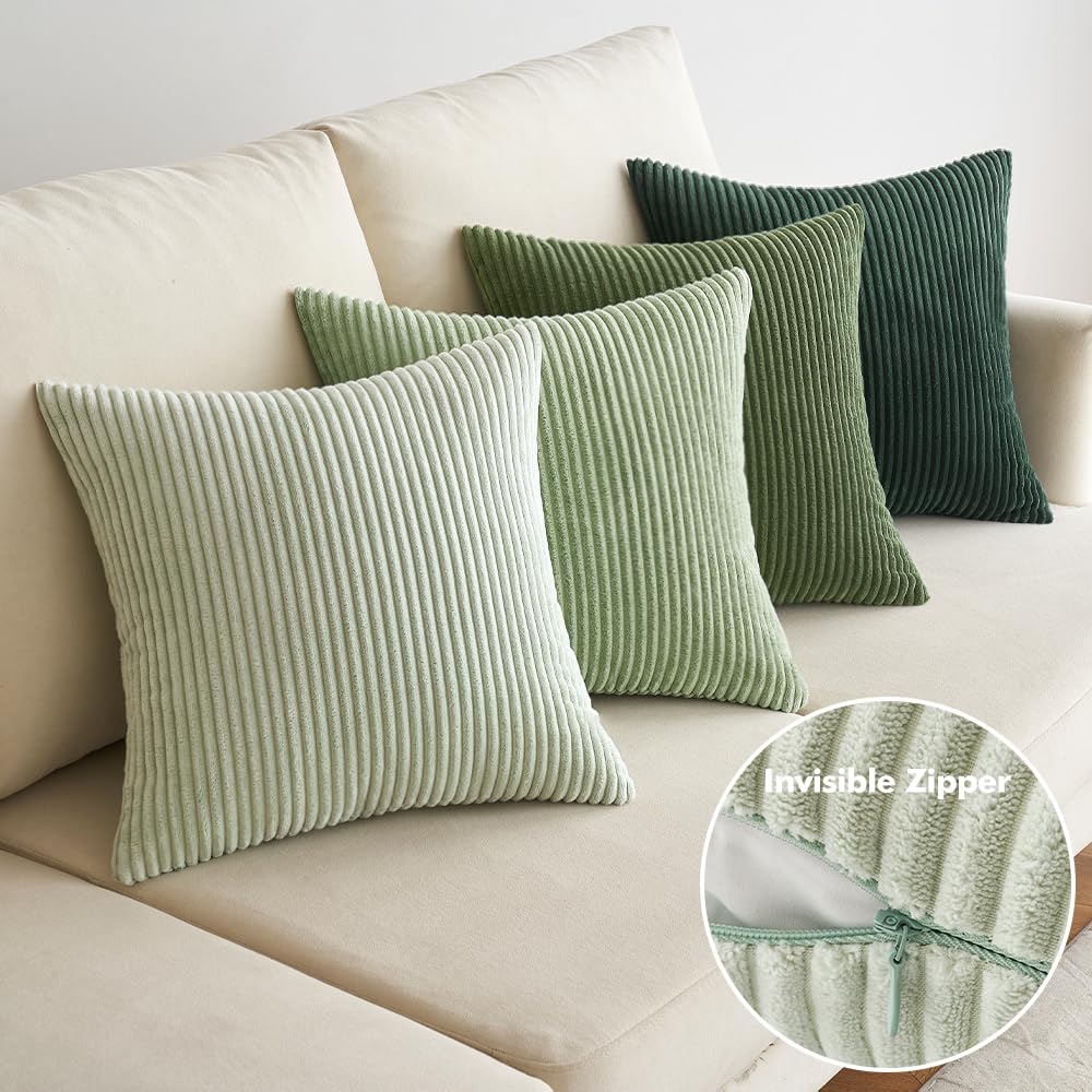EMEMA Lot de 4 housses de coussin en corduroy d'automne, 60 x 60 cm, pour canapé, salon, chambre à coucher, vert sauge, série décorative