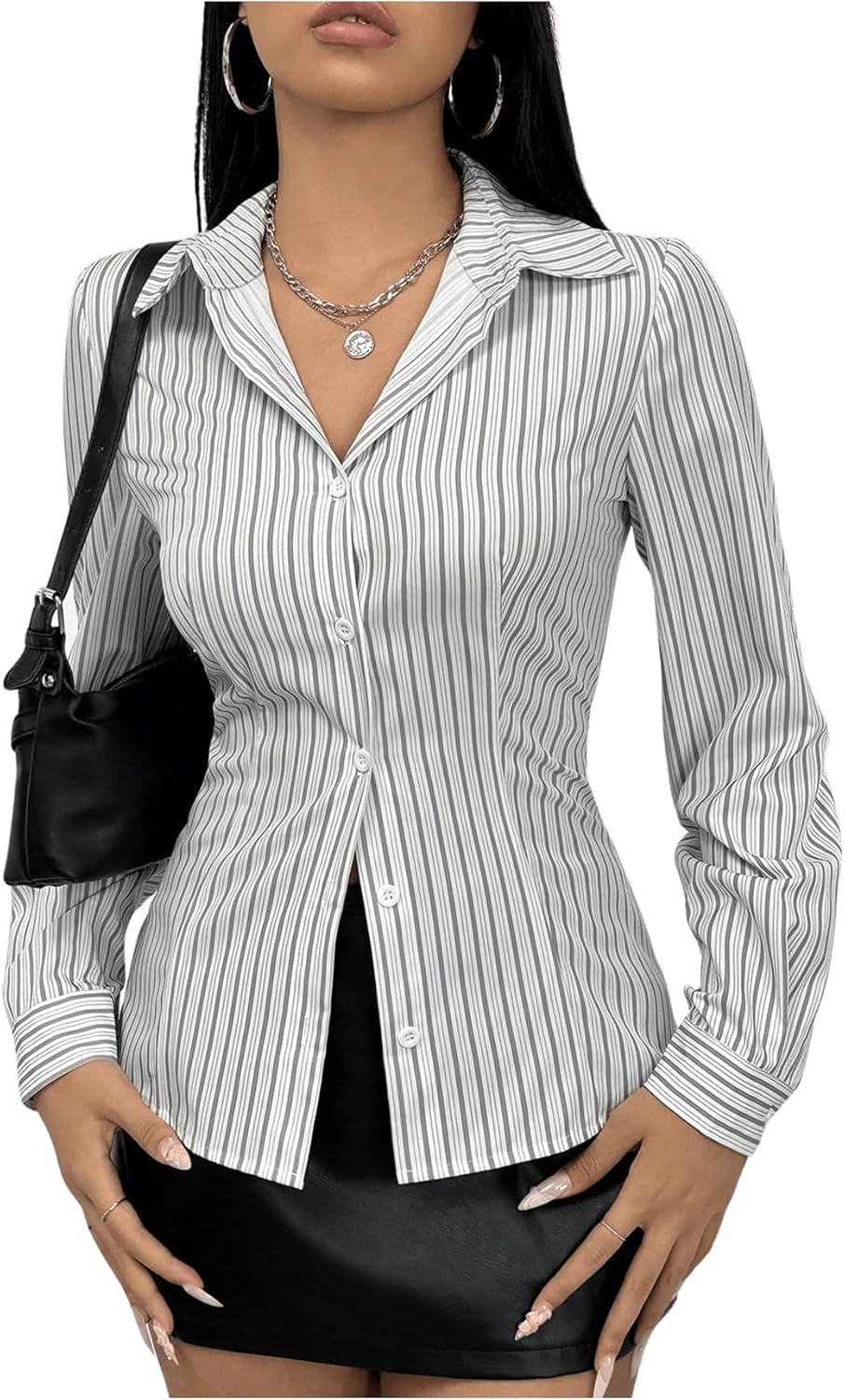 SweatyRocks Women's Striped Print Button Down Shirt Collared Long Sleeve Fitted Work Blouses - Image 3