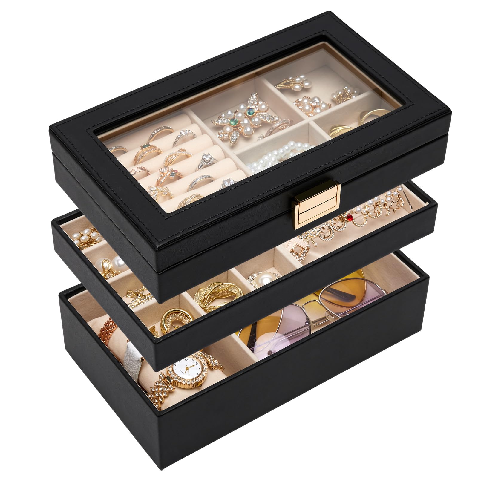 Seelux Jewellery Tray, Stackable Jewellery Box & Drawer Organiser, Black