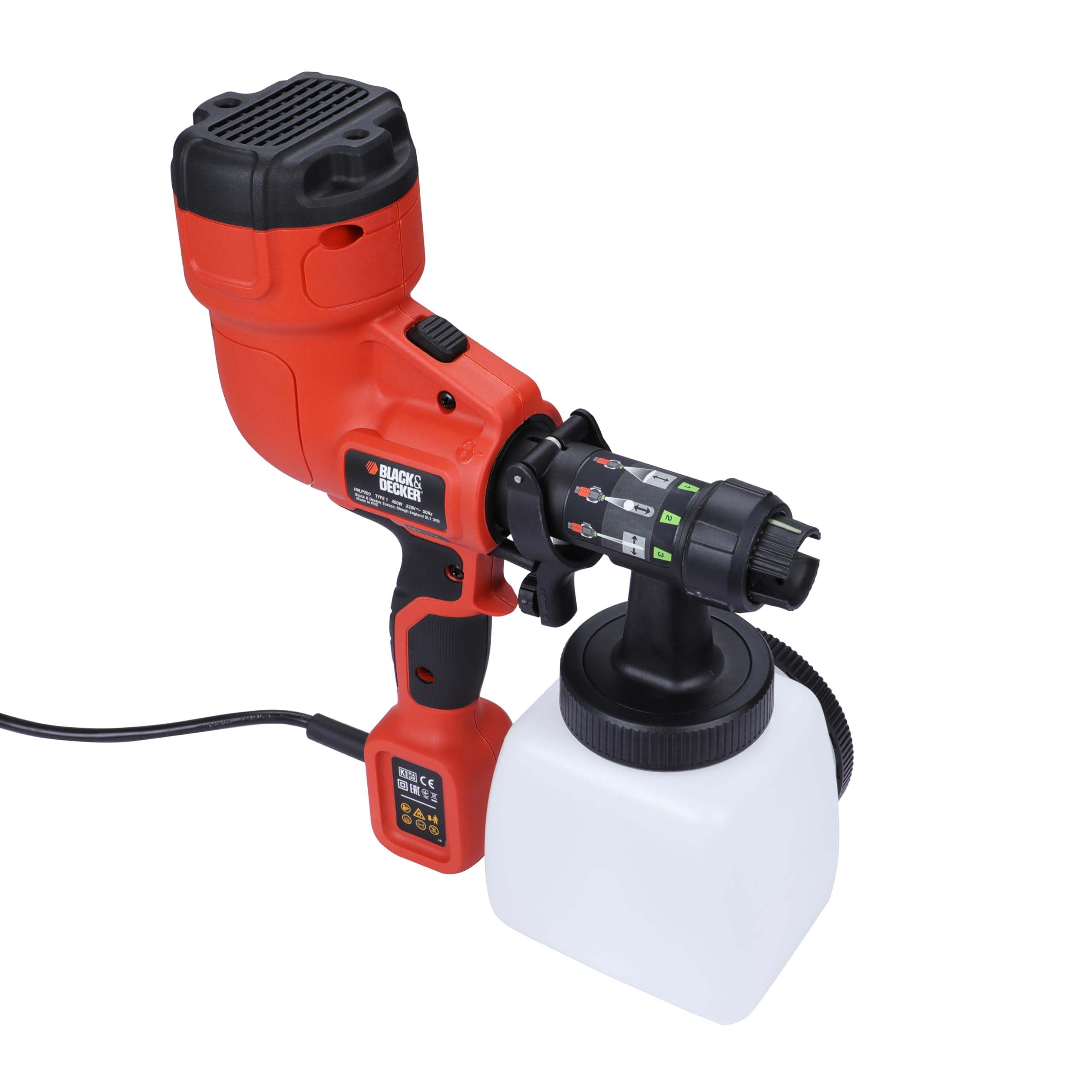 Black & Decker, Ręczny pistolet natryskowy, moc 400 W, kanister 1200ml - regulacja przepływu farby, agregat do malowania, HVLP200