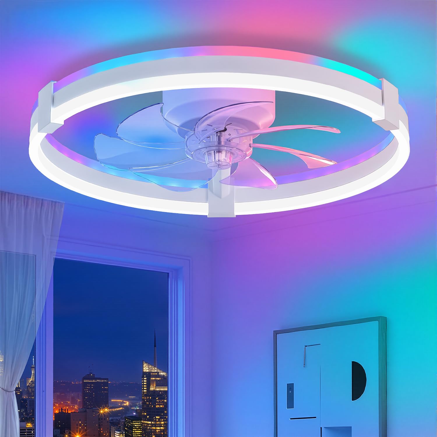 ZMISHIBO 51 cm RGB-Deckenventilator mit Licht,Fernbedienung & APP-Steuerung,6 Geschwindigkeiten, Vorwärts- & Rücklauf,15%-100% dimmbar,3CCT,obere und untere Lichtkreise separat steuerbar, 1/4/8H Timer