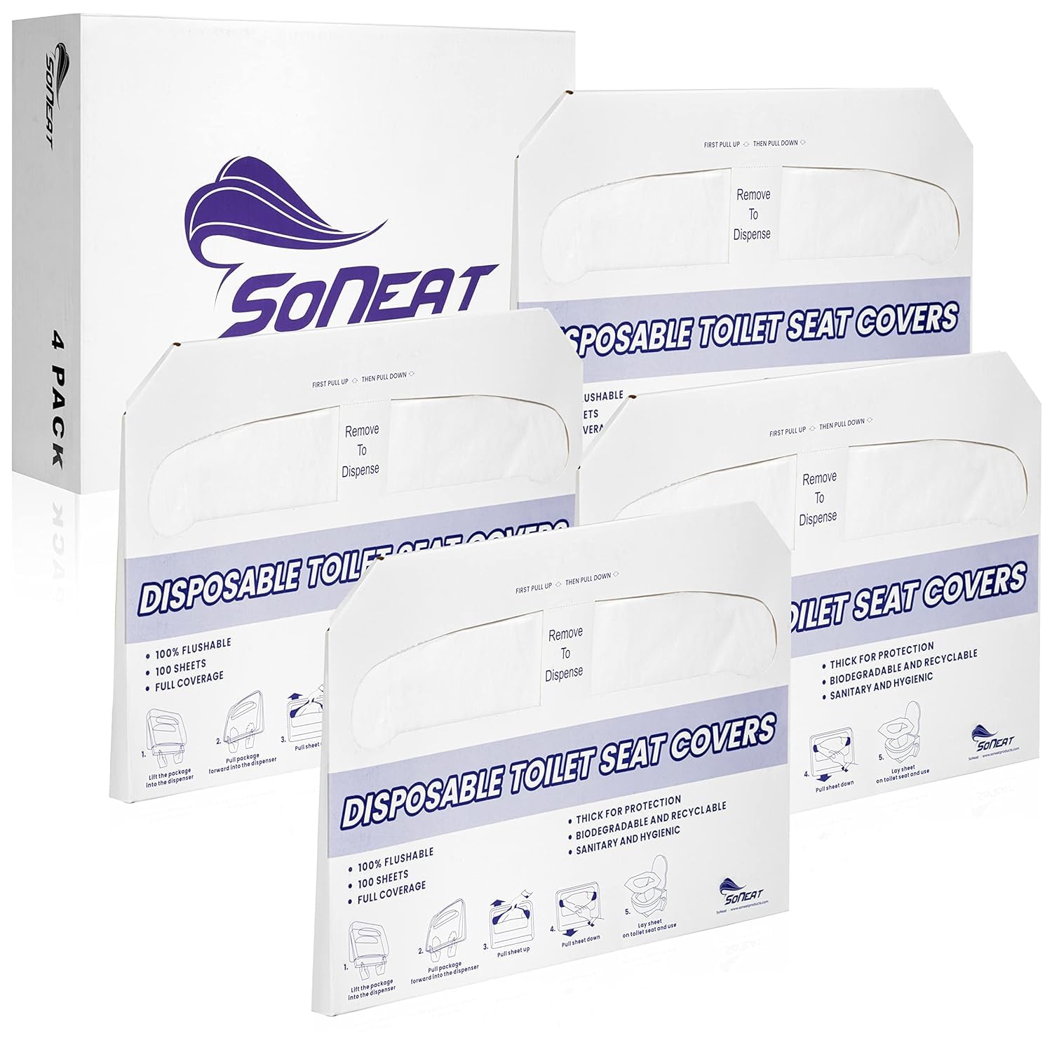 SoNeat Paper Toilet Seat Covers - Disposable Virgin Paper Half-Fold Toilet Seat Cover for Adults and Kids Flushable Paper Travel Pack, Regular (4 Pack)