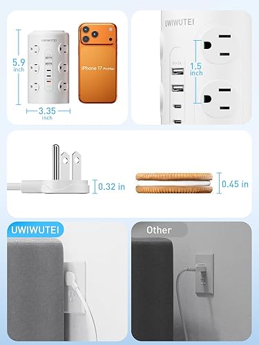 Miniatura 7 de Regleta de alimentación en torre con 1 puerto de carga rápida PD de 20 W, 12 tomas, 5 puertos USB (3 USB-C), protector de 1800J, estación de carga