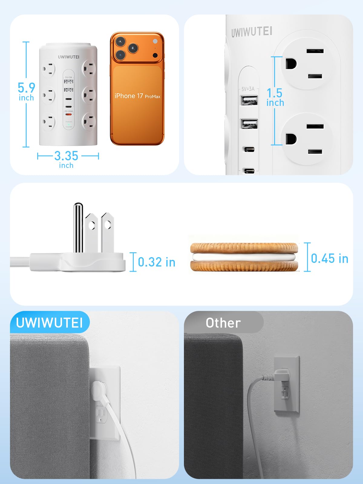 Tower Power Strip Surge Protector with Wireless Charging & Night Light - PD20W Fast Charging Station,12 Outlets, 5 USB (3 USB-C),1800J Protection, 10FT Extension Cord, Home Office Essentials(White) — view 8